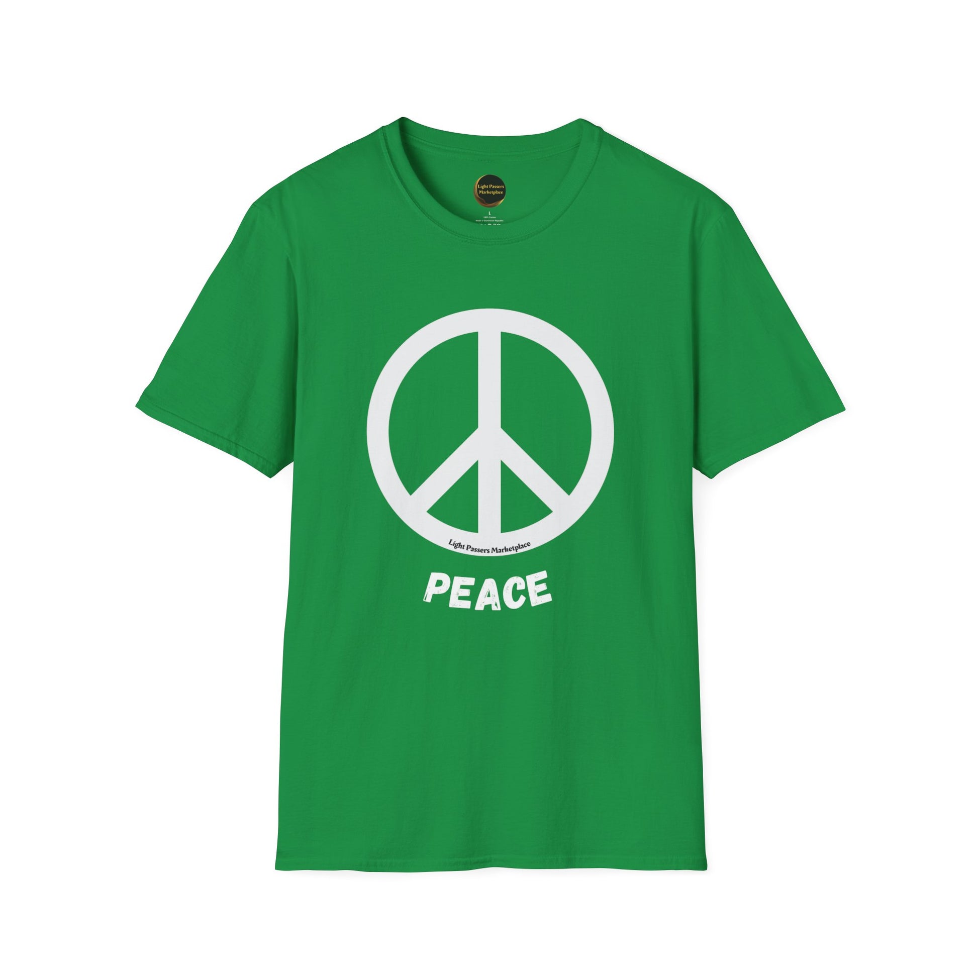A green unisex t-shirt featuring a peace symbol, made of soft 100% cotton with twill tape shoulders and a ribbed collar. Ethically produced by Gildan with a tear-away label.