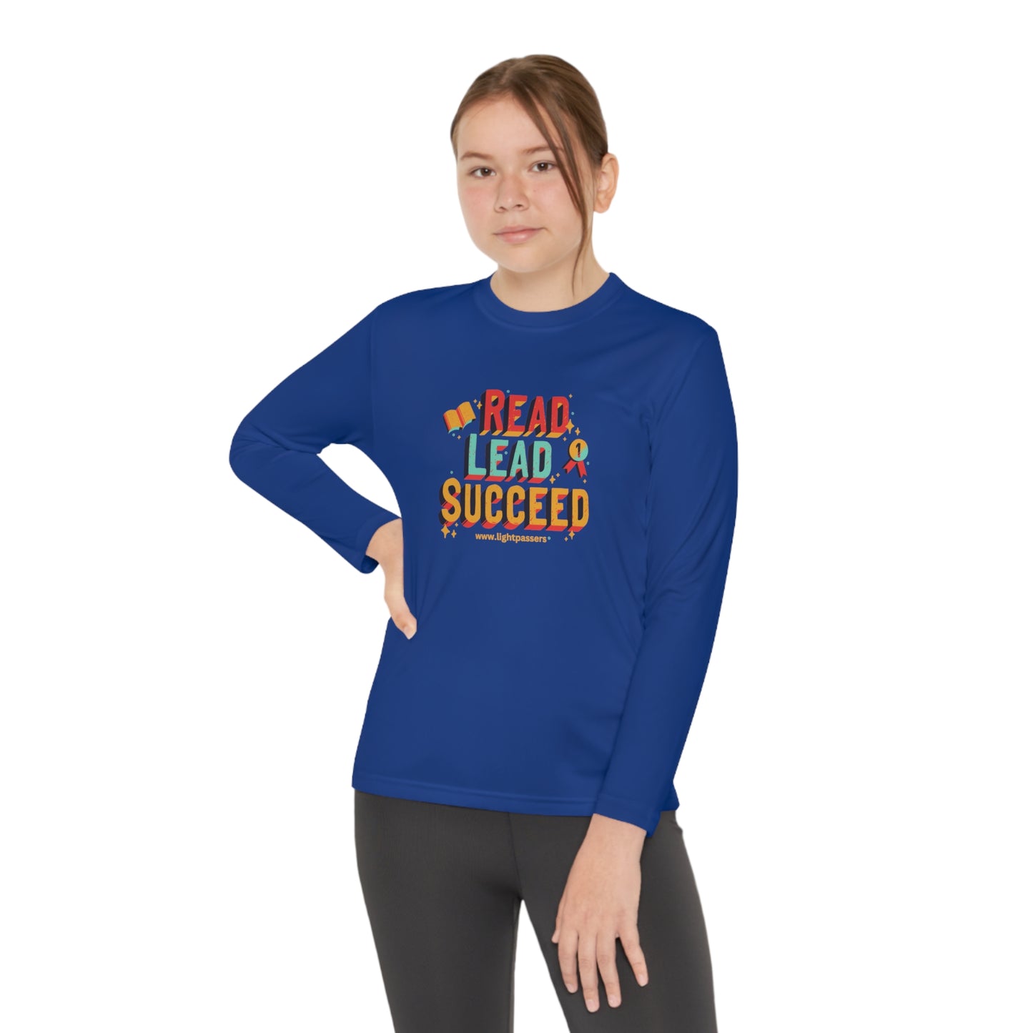 Long Sleeve Read Lead and Succeed Youth T-Shirt featuring a comfortable athletic fit, ideal for active kids, showcasing a young person wearing it prominently.