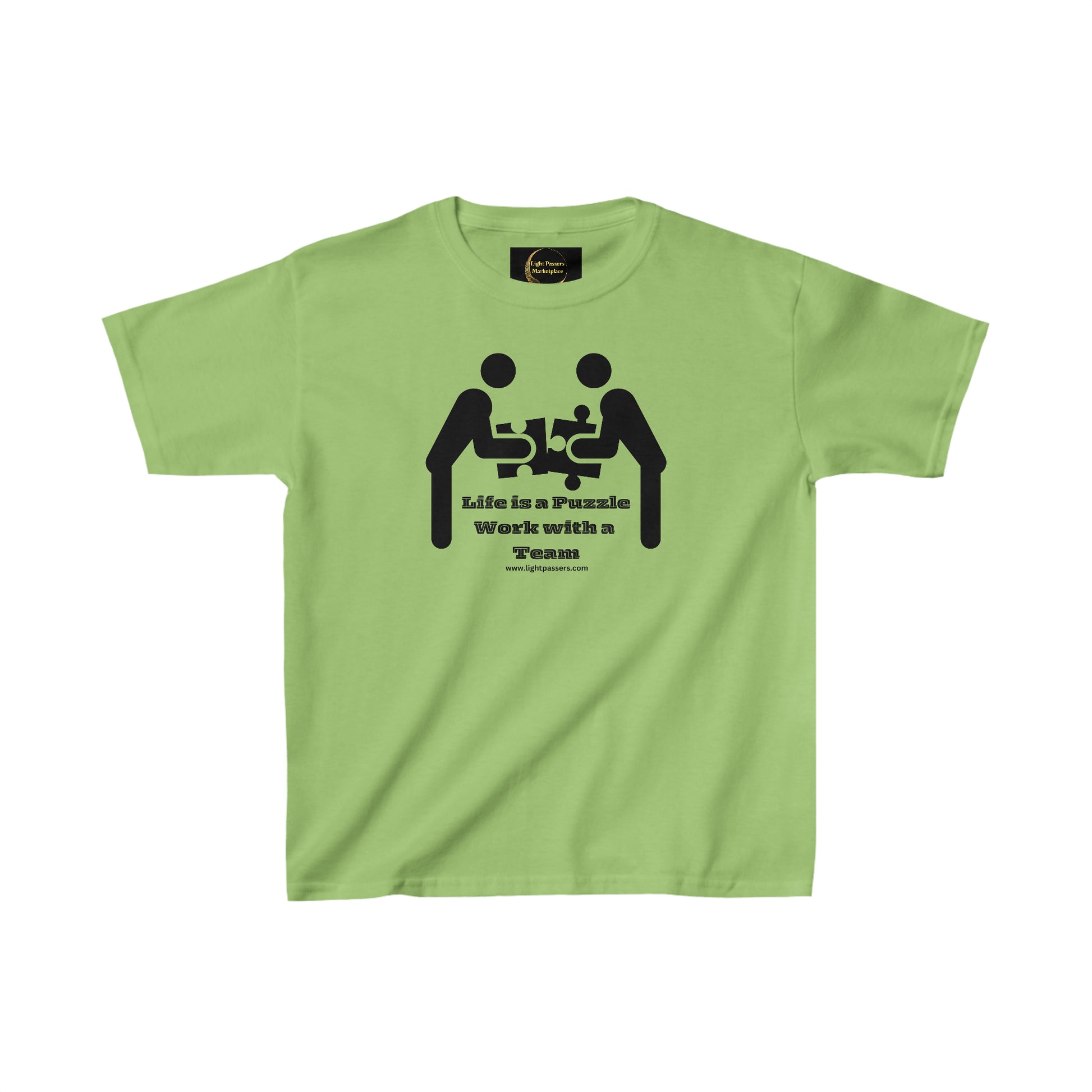 Youth green t-shirt with black Life is a Puzzle Work with a Team text. 100% cotton, twill tape shoulders, tear-away label, classic fit. Ideal for everyday wear.