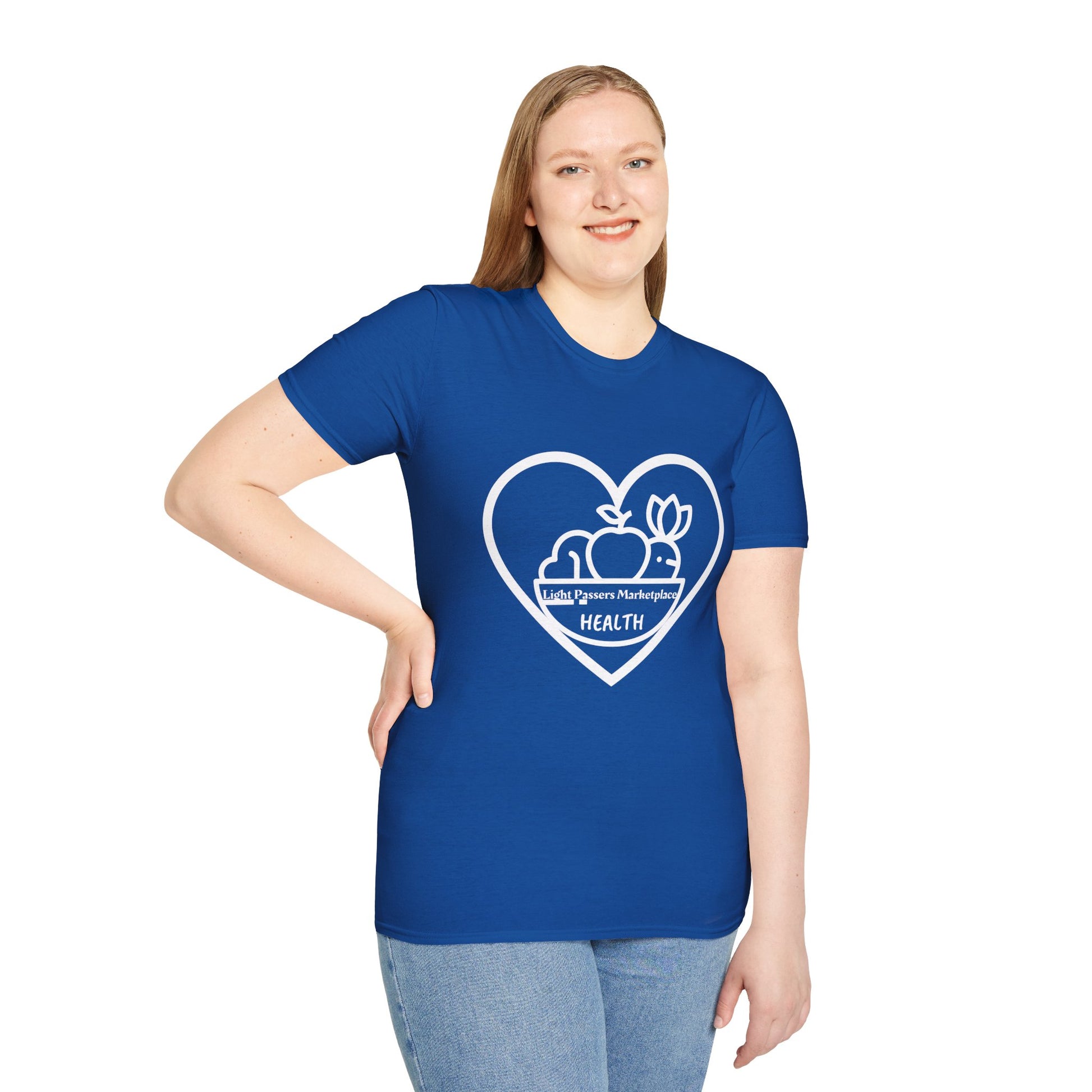 A woman in a blue shirt, close-up of shirt and jeans, wearing Light Passers Marketplace Fruit Basket Unisex T-Shirt. Soft 100% cotton, twill tape shoulders, no side seams, ribbed collar. Ethically made, versatile style.