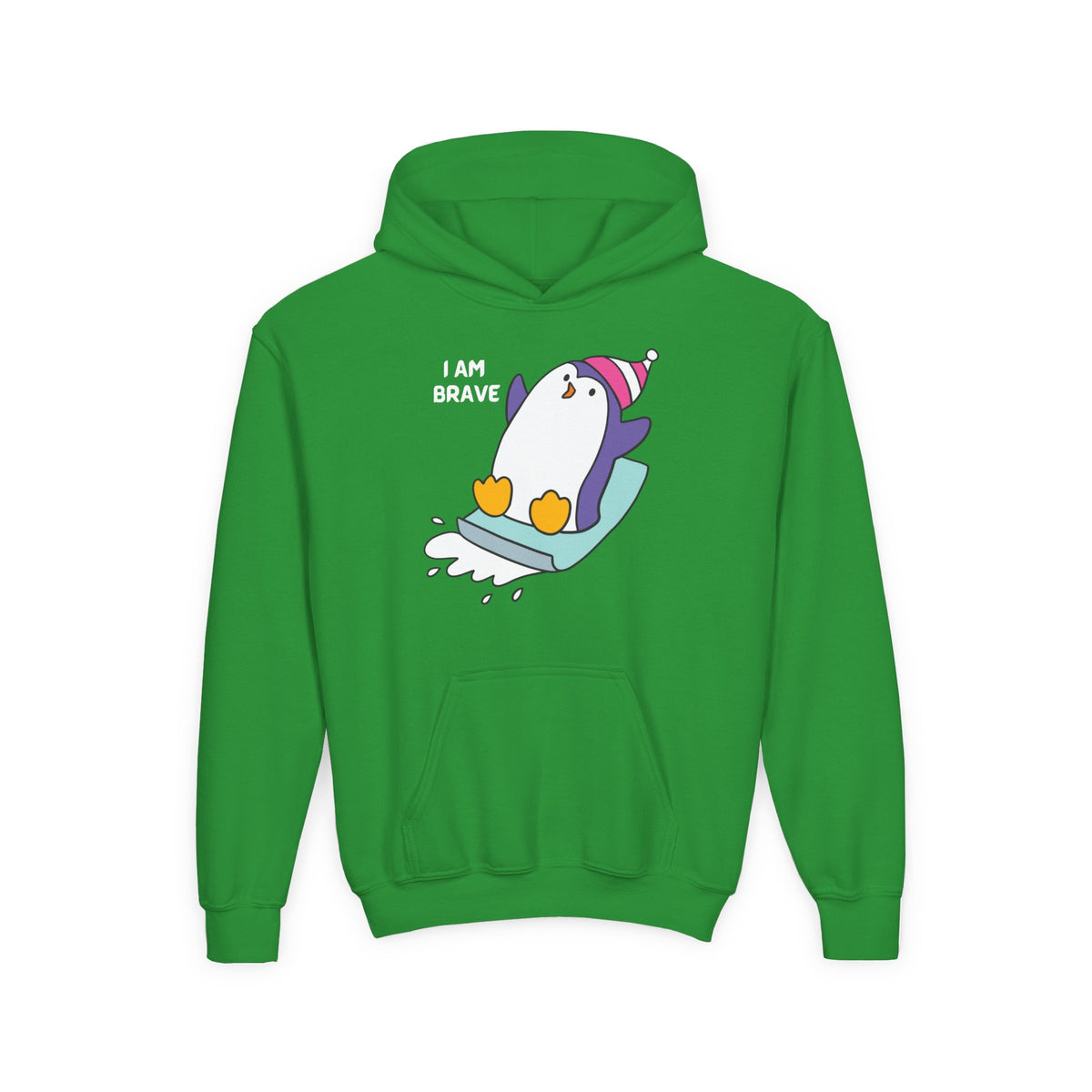 Brave Penguin Youth Hoodie – Cute Sledding Penguin "I Am Brave" Kids Sweatshirt