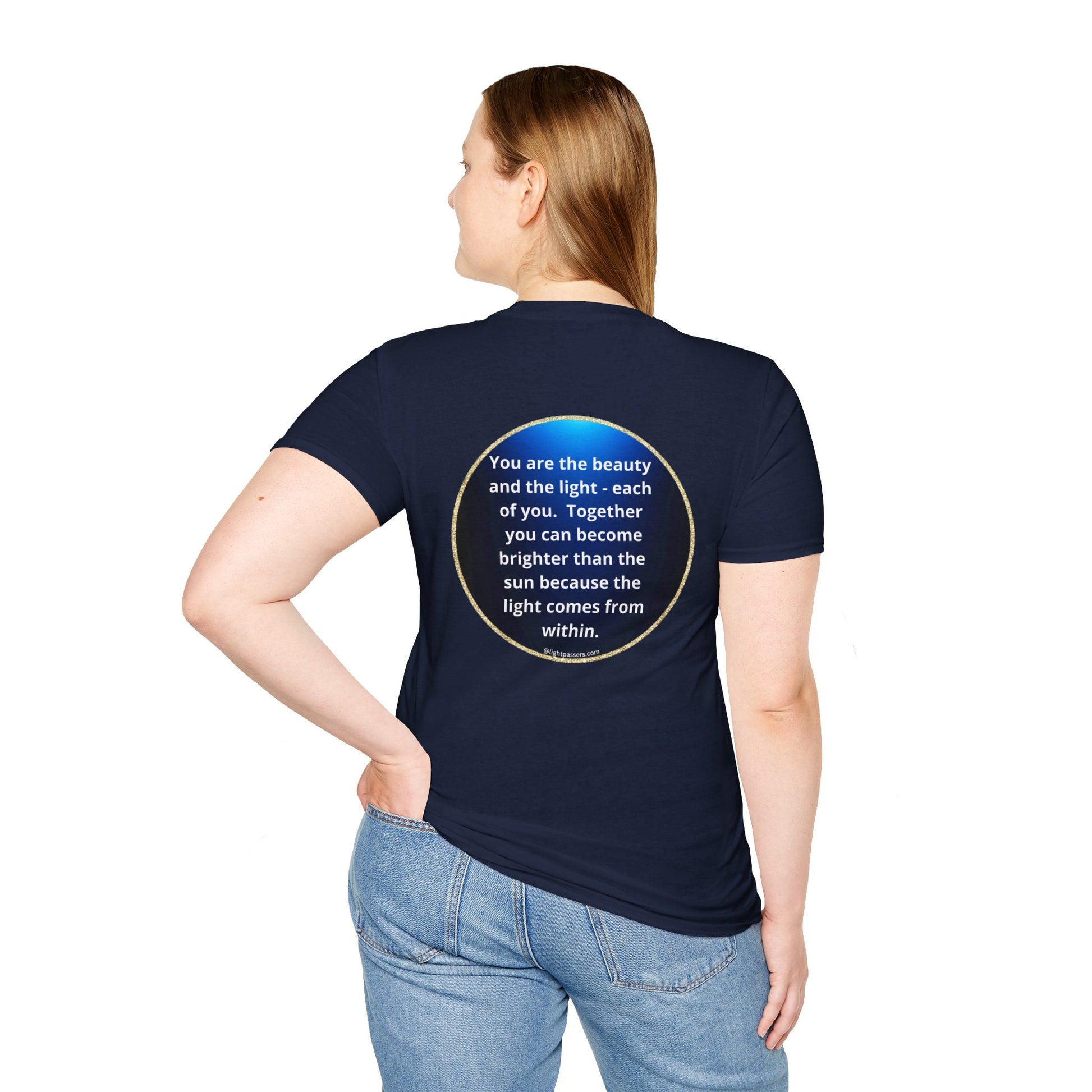 A unisex heavy cotton tee featuring the Beauty Navy Circle Back LP logo on the front. Smooth surface for vivid printing, no side seams, and tape on shoulders for durability.