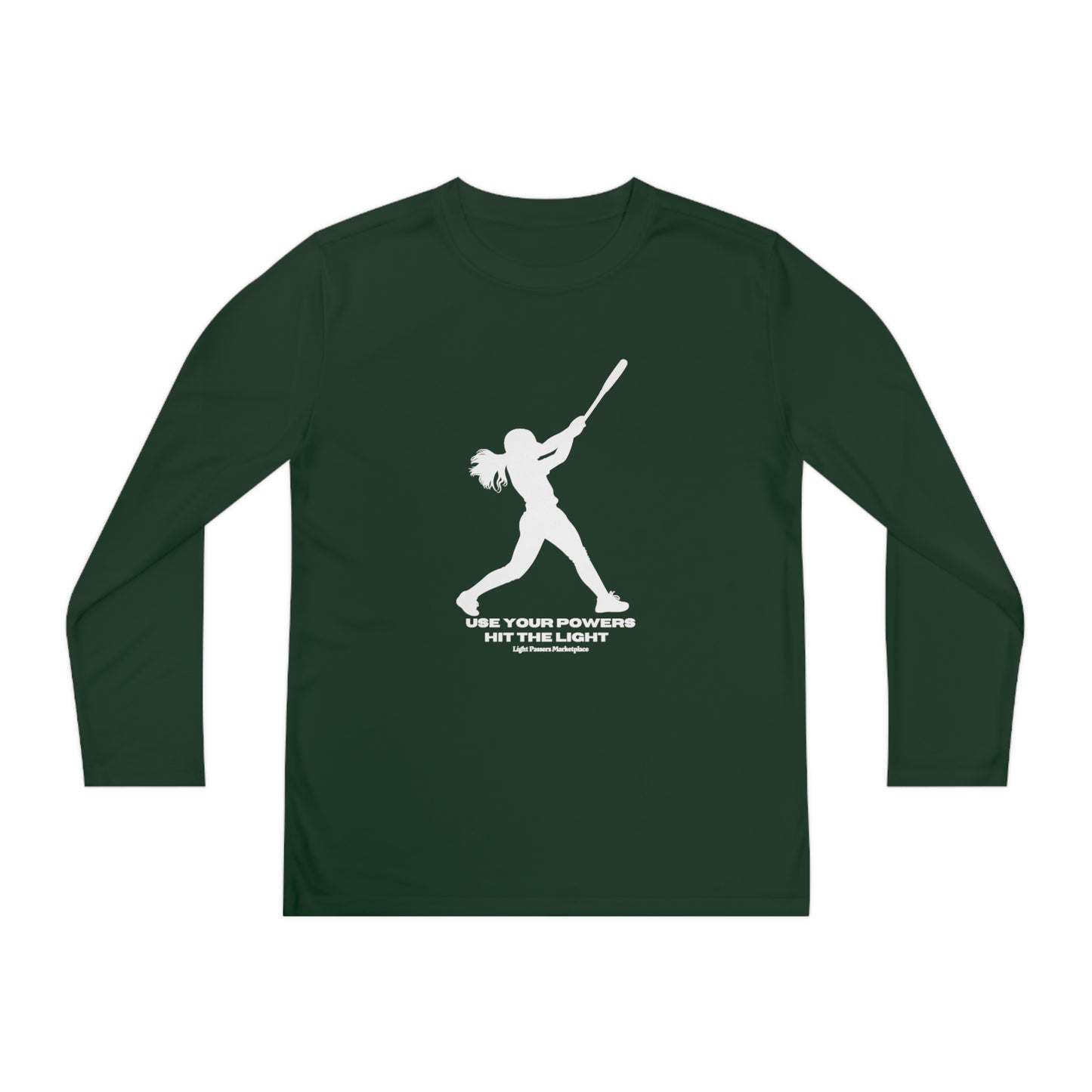 Youth long sleeve active shirt with a white silhouette of a girl swinging a bat, made of 100% moisture-wicking polyester for comfort and style.