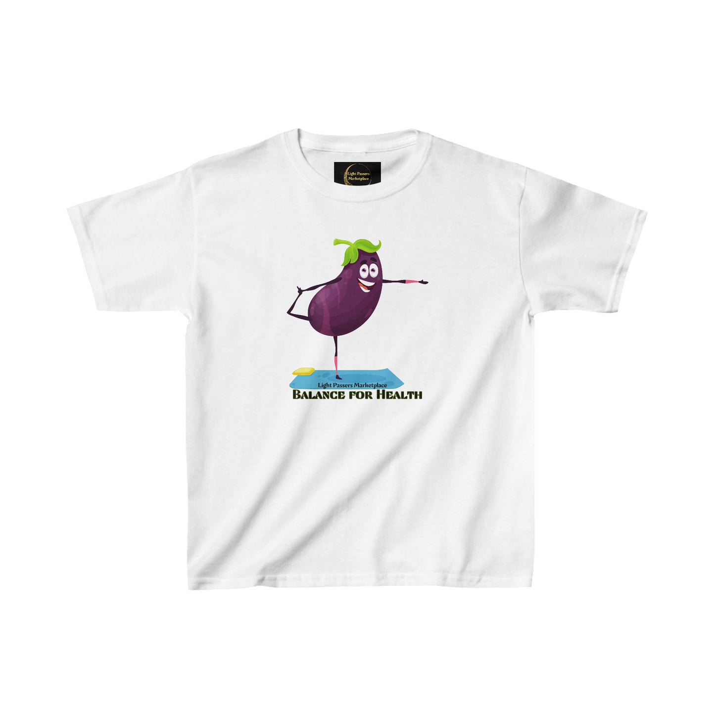 Youth t-shirt featuring a cartoon eggplant balancing on one leg, pointing, with green leaves, on a white background. Made of 100% cotton, durable twill tape shoulders, and ribbed collar.