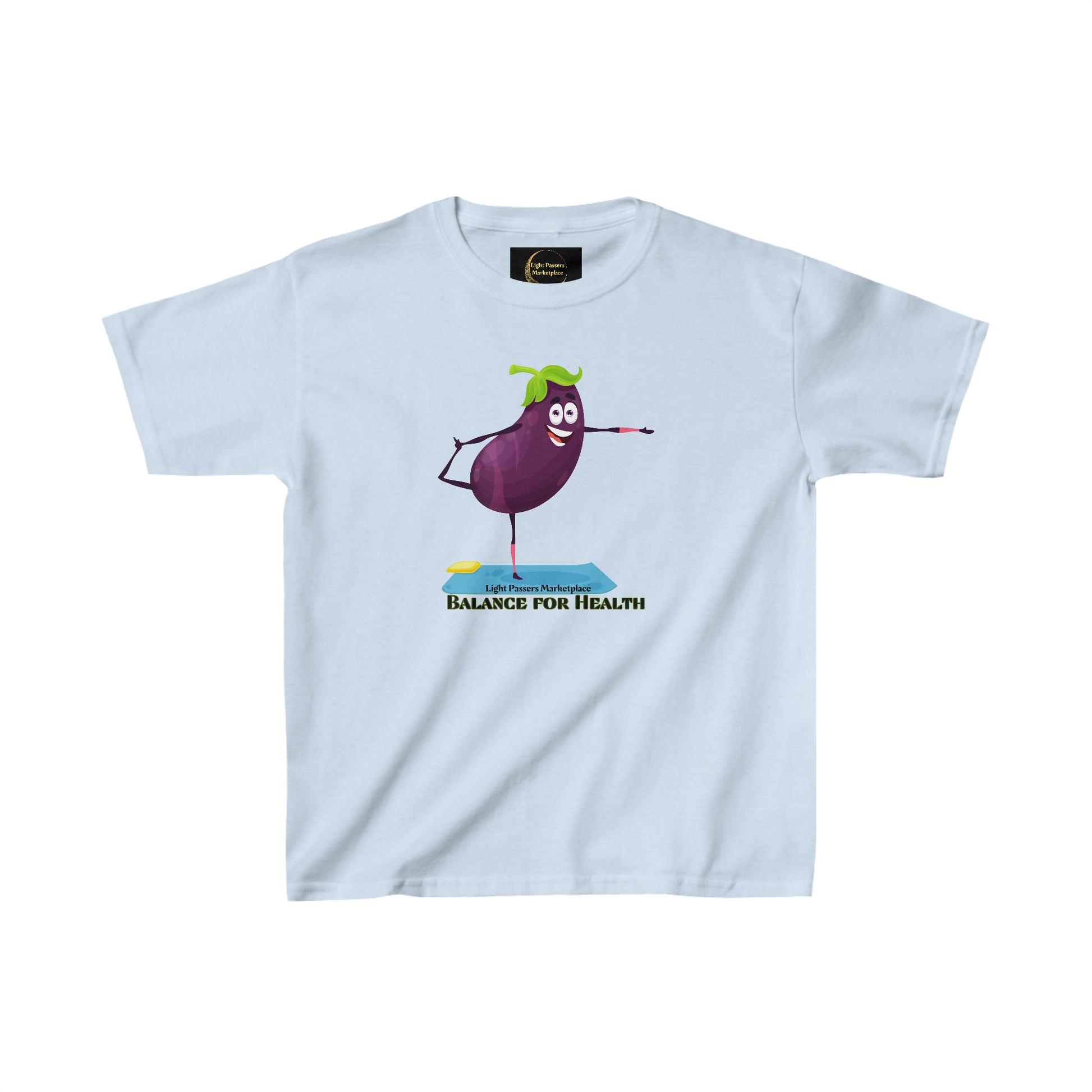 Youth t-shirt featuring a cartoon eggplant doing yoga, emphasizing balance and health. Made of 100% cotton with twill tape shoulders for durability, ribbed collar, and tear-away labels for comfort.