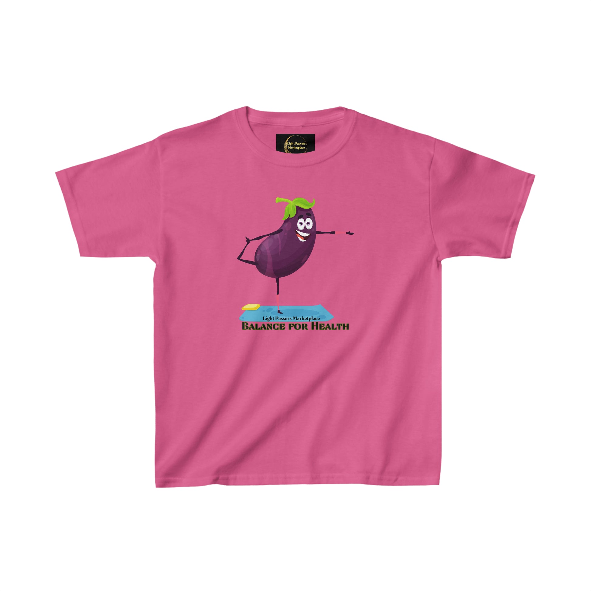 Youth t-shirt featuring a cartoon eggplant balancing on one leg, ideal for everyday wear. Made of 100% cotton with twill tape shoulders for durability and a curl-resistant collar. Ethically sourced US cotton.