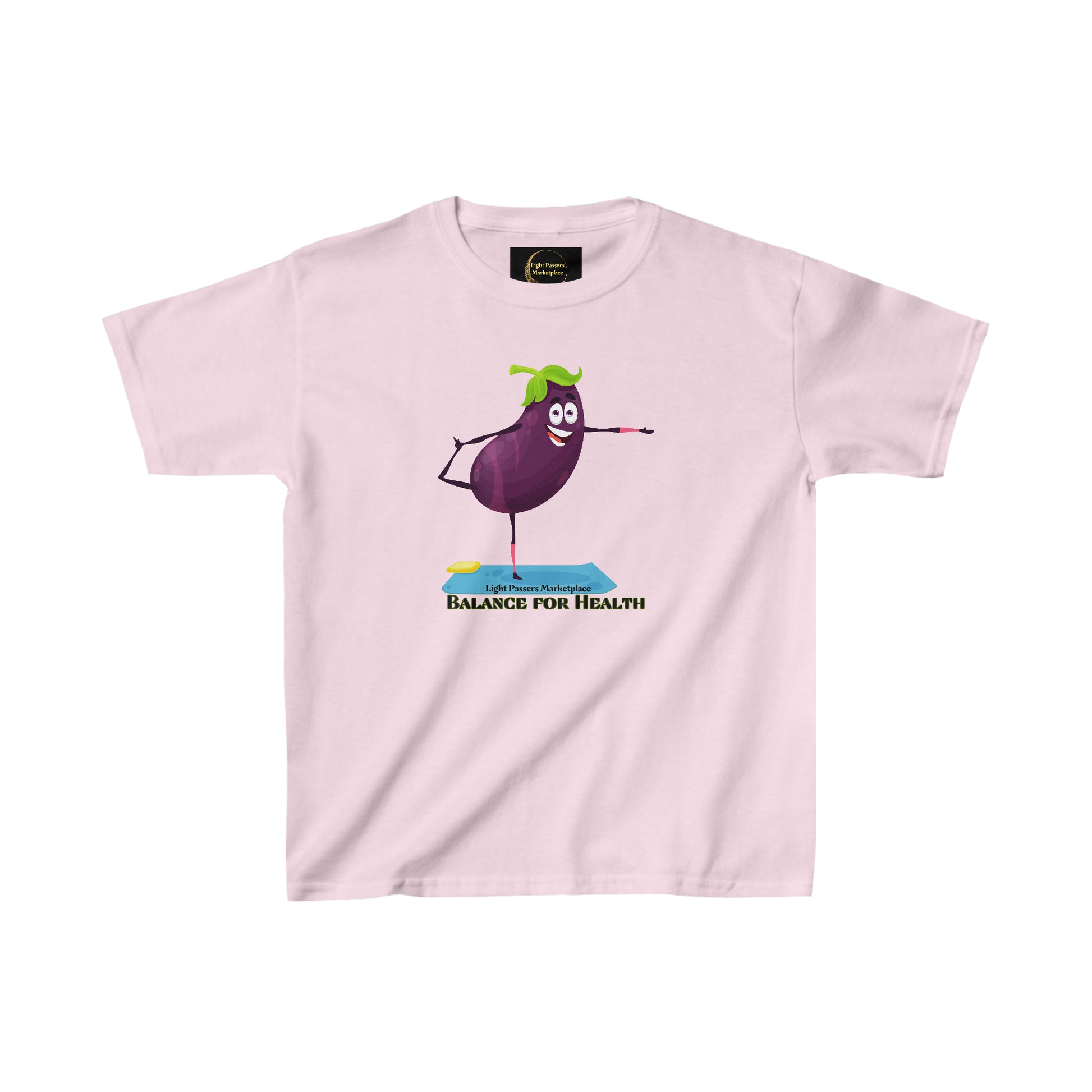 Youth t-shirt featuring a cartoon eggplant balancing on one leg, pointing, and surrounded by green leaves. Made of 100% cotton with twill tape shoulders for durability and ribbed collar for curl resistance.