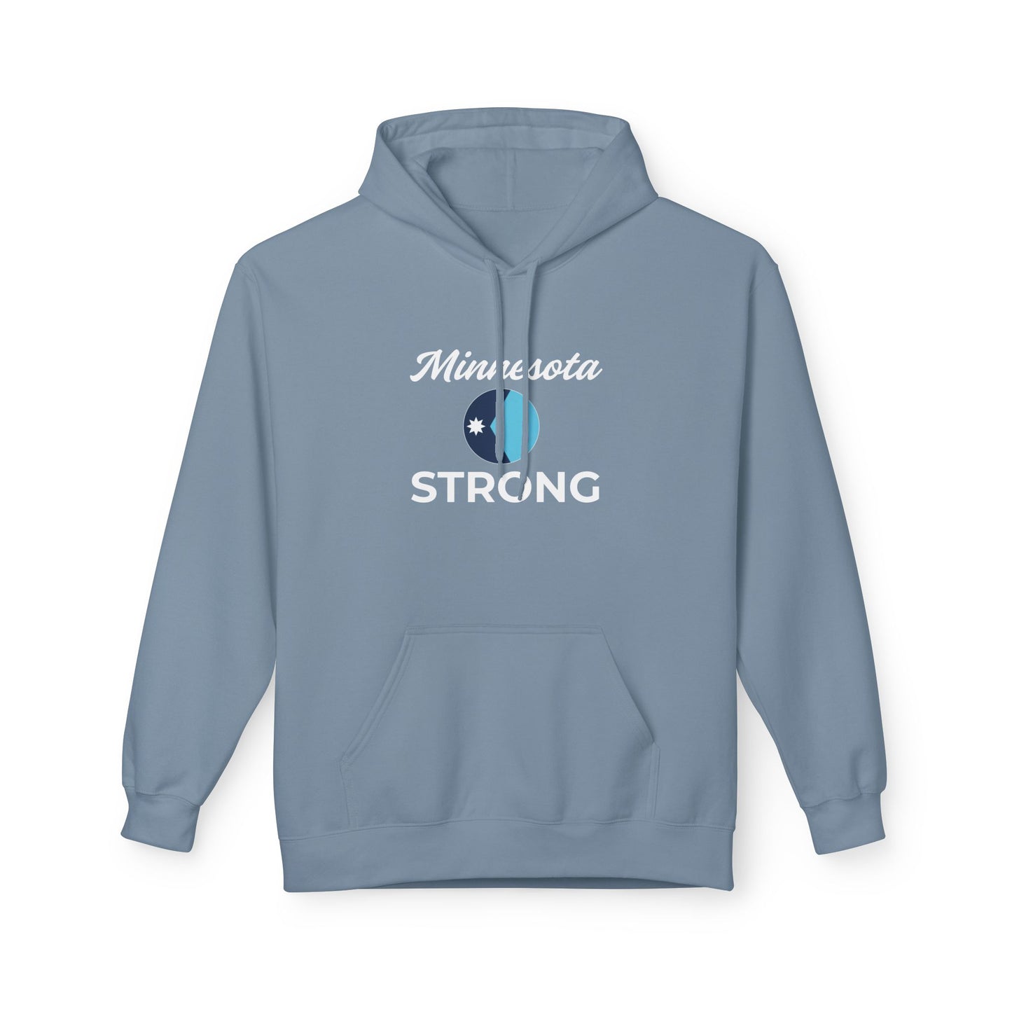 Light-blue hoodie with Minnesota Strong design; features a kangaroo pocket, drawstrings, and a cozy fit, promoting community strength and comfort.
