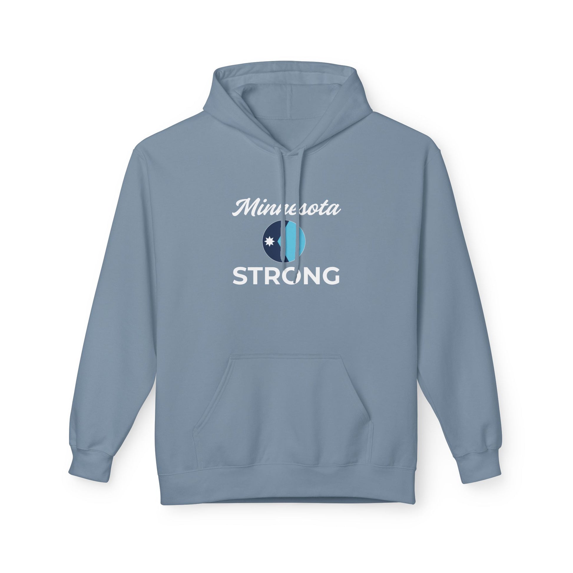 Light-blue hoodie with Minnesota Strong design; features a kangaroo pocket, drawstrings, and a cozy fit, promoting community strength and comfort.