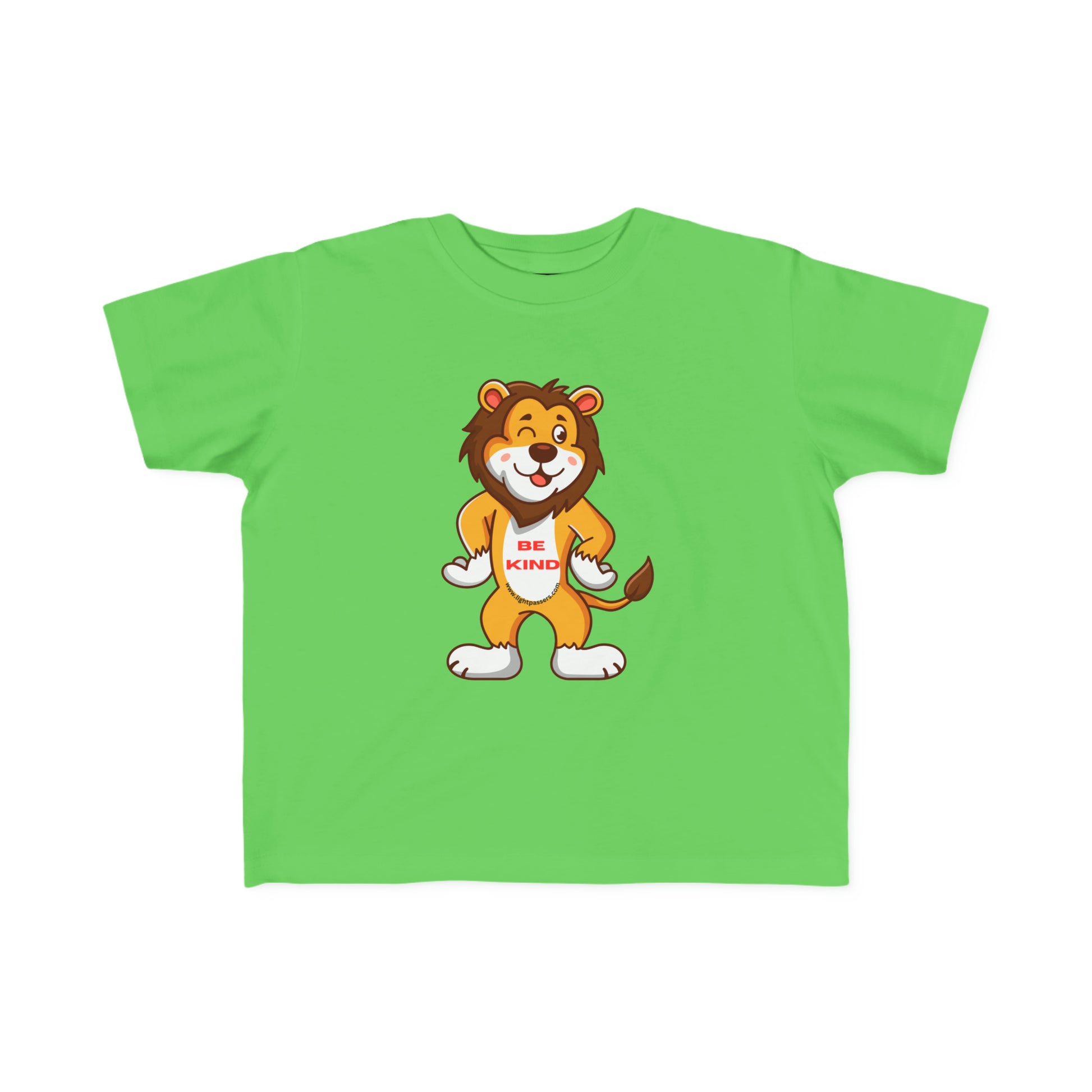 A toddler's tee featuring a cartoon lion, soft 100% combed cotton, durable print, tear-away label, and a classic fit. Ideal for sensitive skin, first adventures, and true-to-size fit.