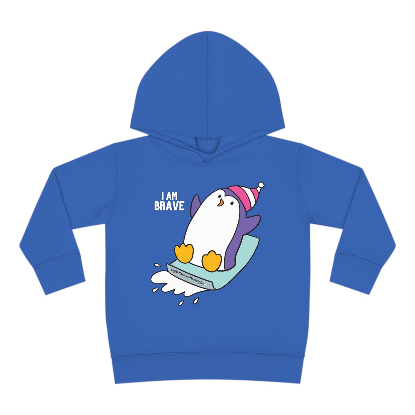Toddler hoodie featuring Brave Penguin design, jersey-lined hood, double-needle stitching, cover-stitched details, side seam pockets, and EasyTear™ label for comfort and durability.