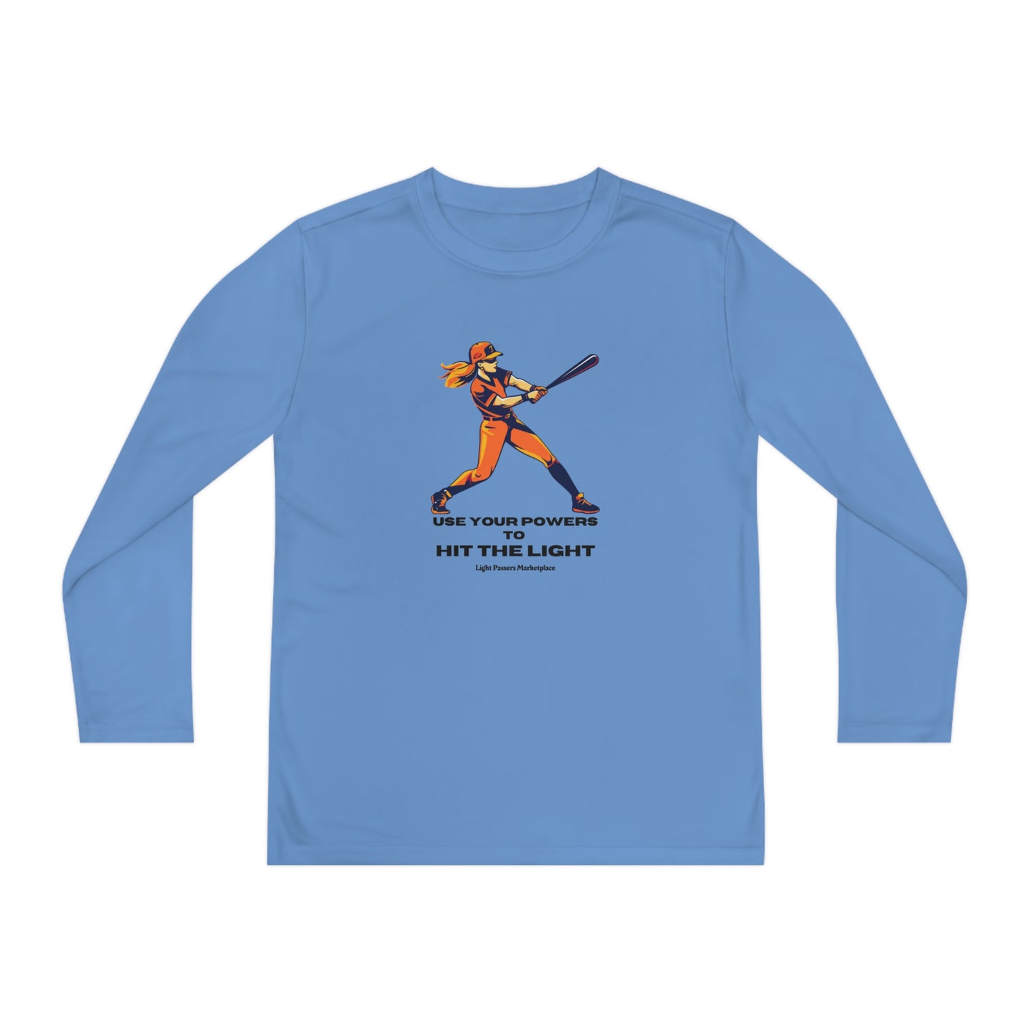 A long-sleeved blue youth tee featuring a baseball player swinging a bat, ideal for active kids. Made of 100% moisture-wicking polyester with an athletic fit and lightweight fabric.