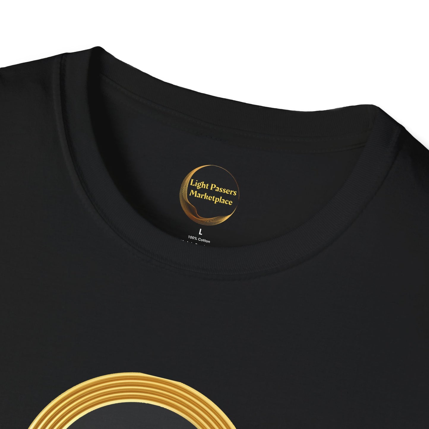 Empowerment Tee - Change Makers Unite Light Passers Team Adult Unisex T-Shirt with gold label and circular graphic, showcasing unity and empowerment message.