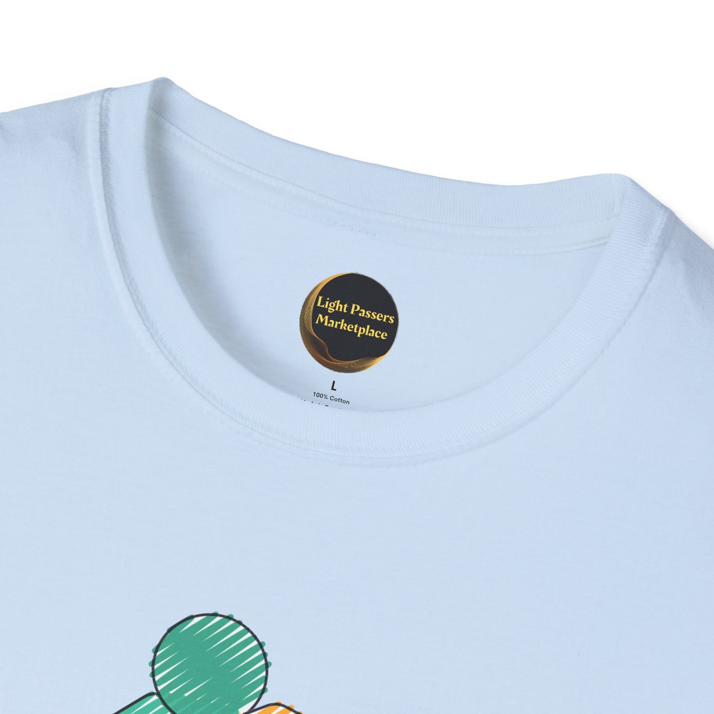 Light-blue T-shirt with black-and-gold Light Passers Marketplace label, featuring partial multi-colored graphic; showcases Teams Love and Peace Change Makers Unite theme for social events.