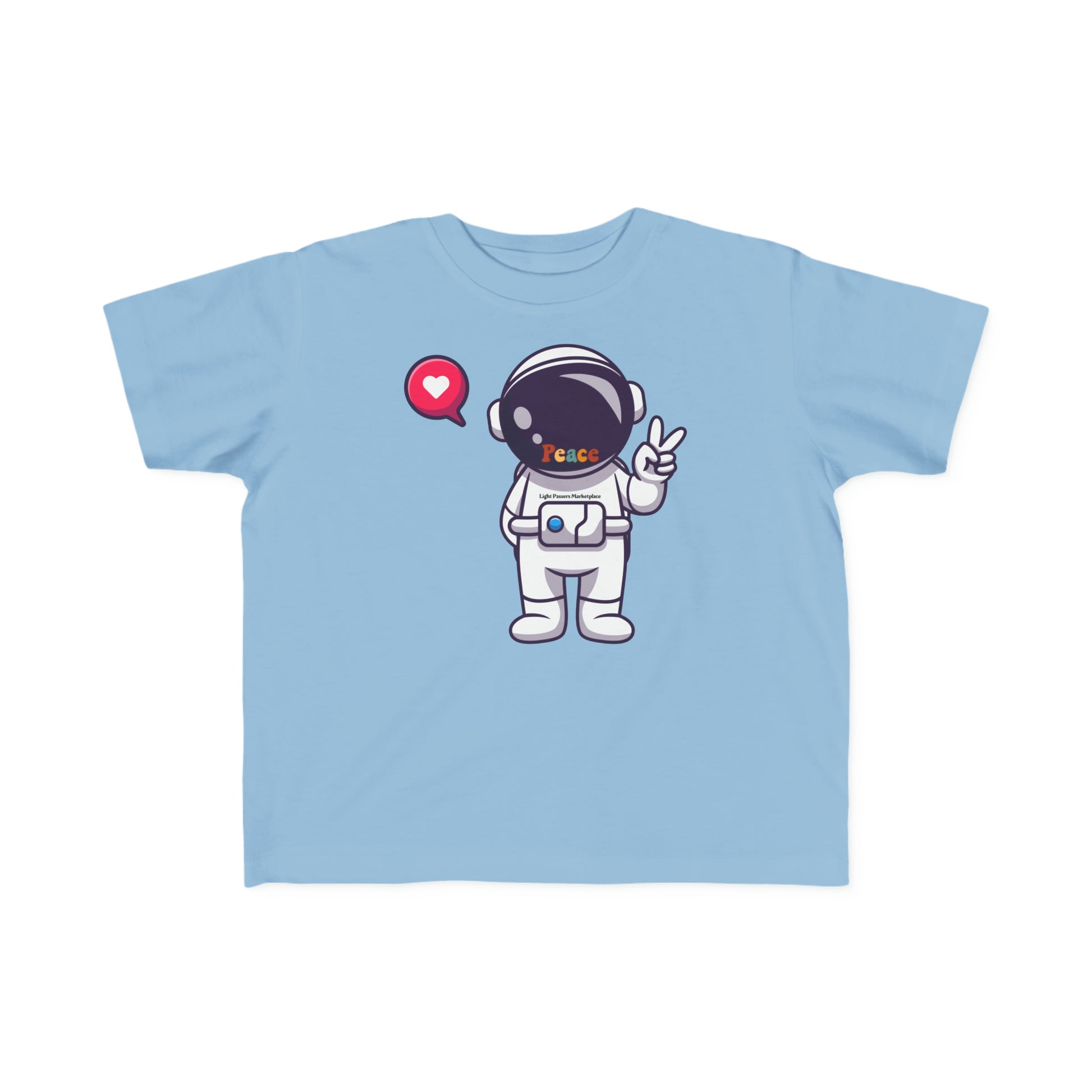 A blue toddler t-shirt featuring a cartoon astronaut making a peace sign. Soft, durable 100% combed cotton, light fabric, tear-away label, classic fit. Ideal for sensitive skin.