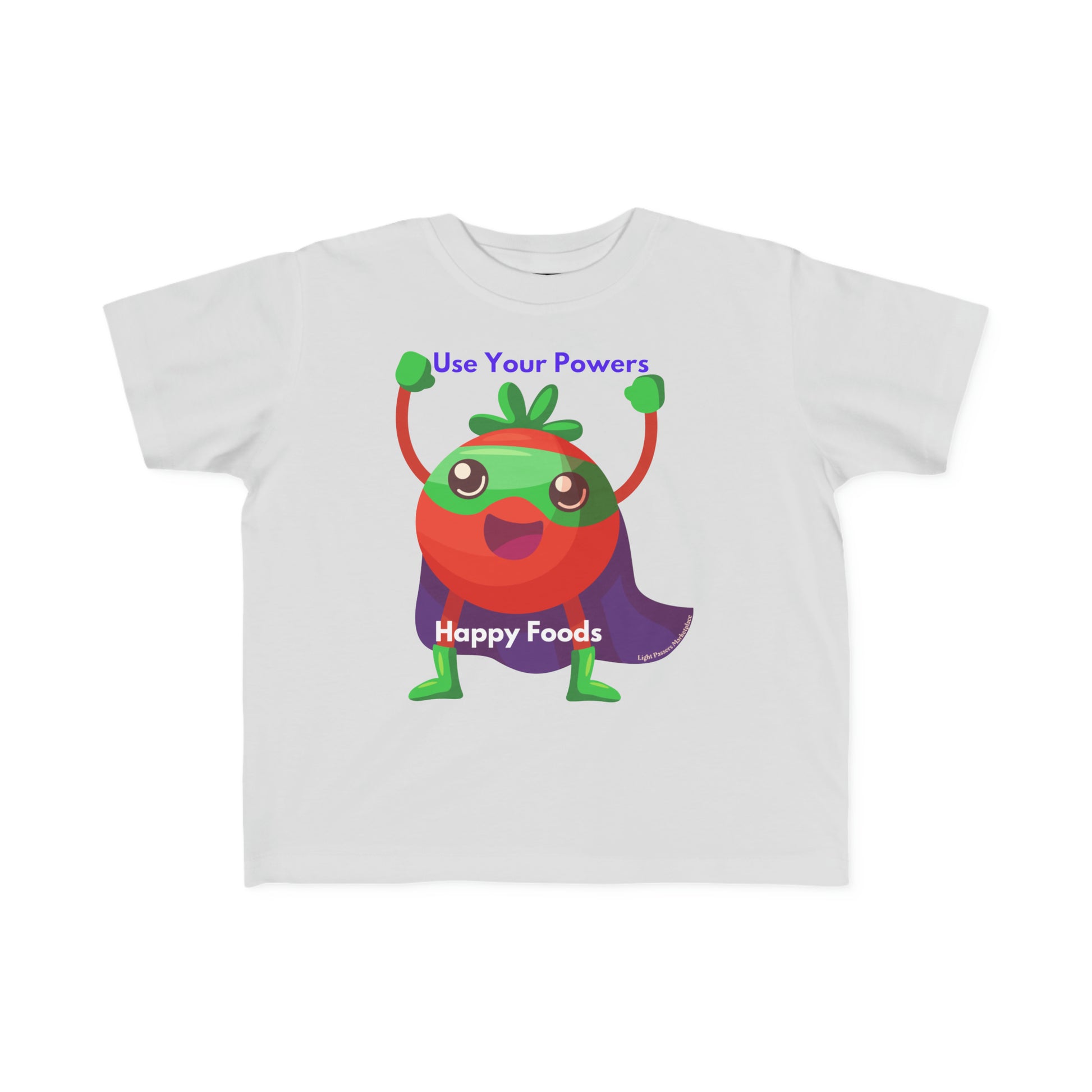 A white toddler t-shirt featuring a cartoon character of a red and green fruit with a cape and legs. Made of 100% combed, ring-spun cotton, soft for sensitive skin, with a durable print.