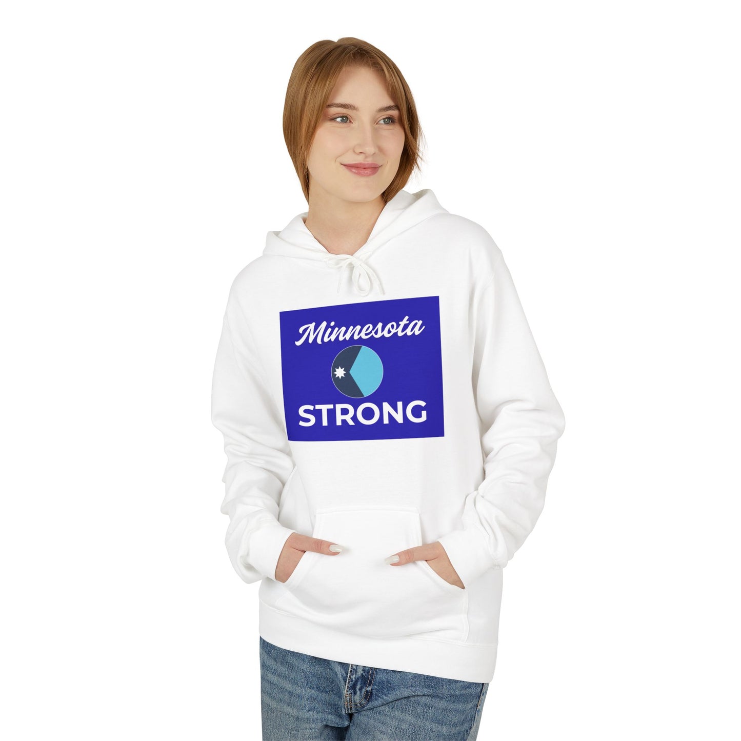 Young woman in Love and Peace The Light Minnesota Strong Hoodie, showcasing resilience with a blue graphic, hands in kangaroo pocket, against a white background.