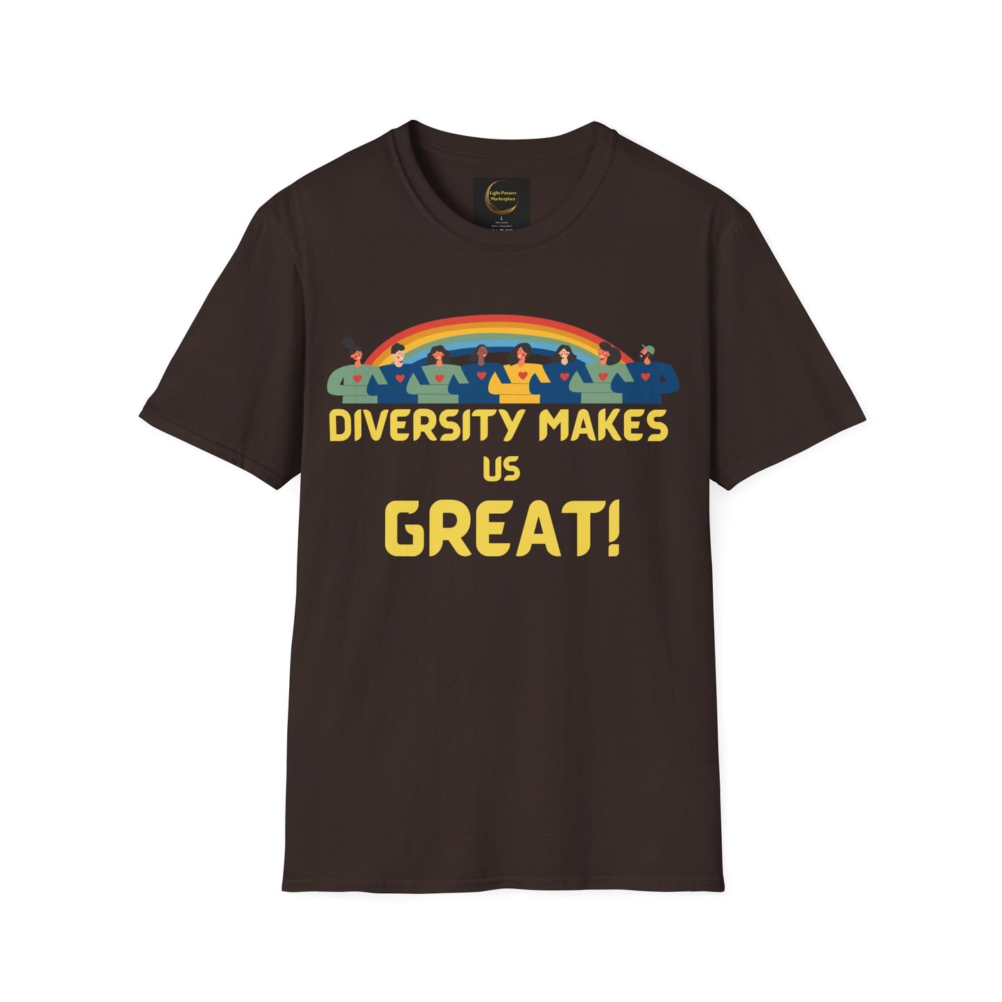 Diversity Makes Us Great Adult Unisex T-Shirt yellow or black letters— Inclusive Rainbow Community Tee