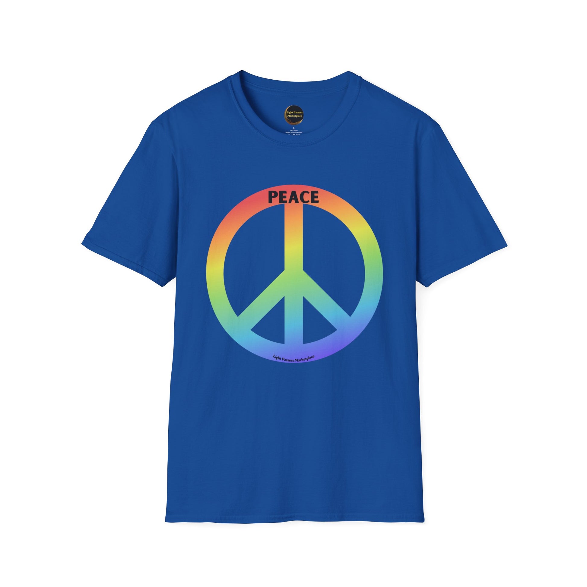 A blue unisex T-shirt featuring a peace sign symbol, made of soft 100% cotton with twill tape shoulders and no side seams. Lightweight and versatile for year-round comfort. Ethically sourced and Oeko-Tex certified.