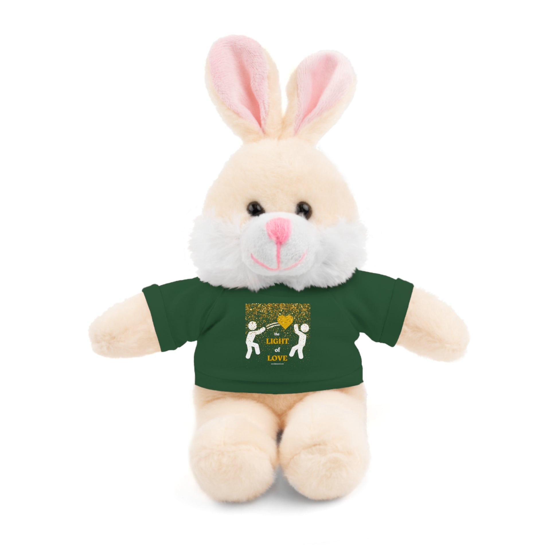 Stuffed bunny wearing a customizable tee from Toss the Light of Love Gold Heart collection, 8 tall, perfect for children ages 3 and up.