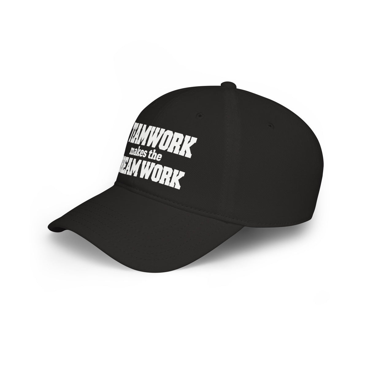 Black baseball cap with 'Teamwork makes the Dream Work' graphic on front