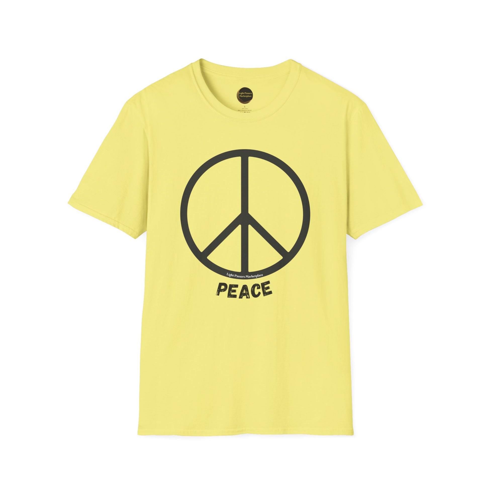 A soft yellow unisex t-shirt featuring a peace sign design, made of 100% cotton with twill tape shoulders for durability and a ribbed collar to prevent curling.