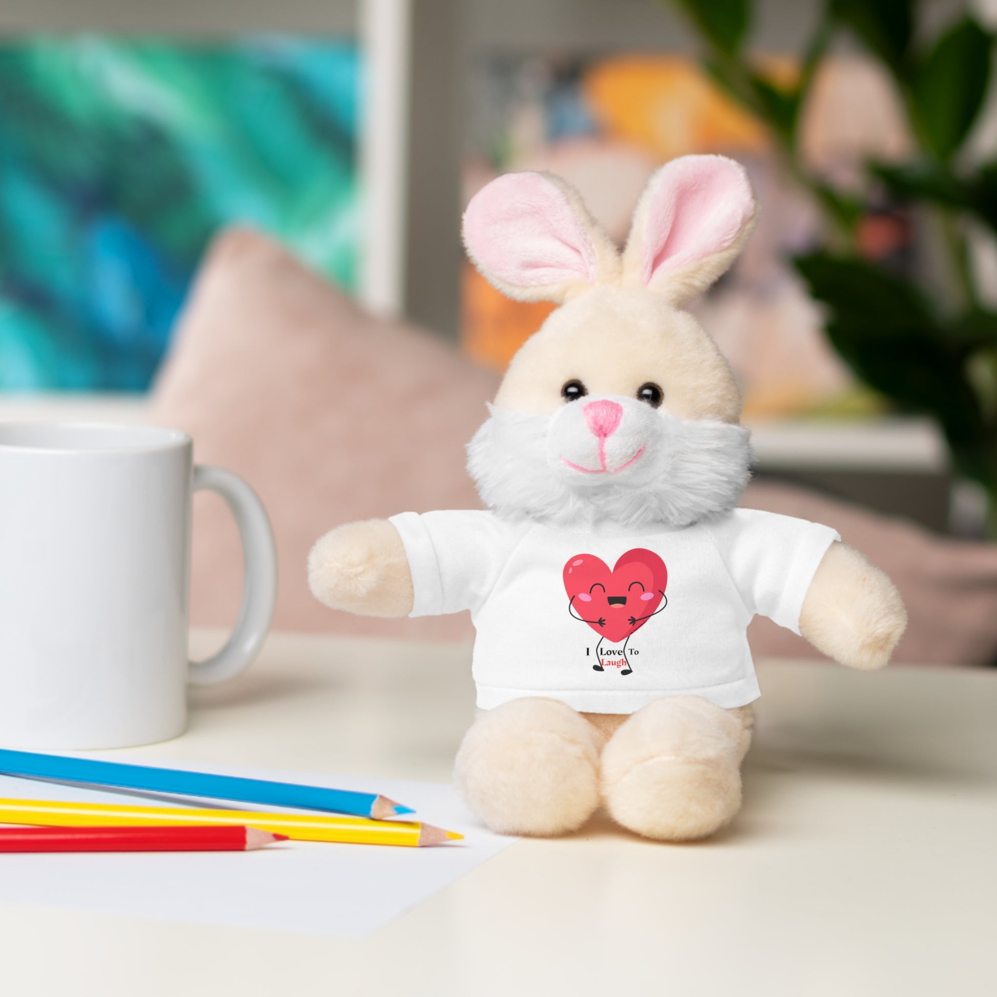 Cool Stuff Stuffies featuring a customizable I Love to Laugh heart shirt, available in Bear, Sheep, Bunny, Jaguar, Panda, Lion. Soft, huggable, 8-inch plush toys.
