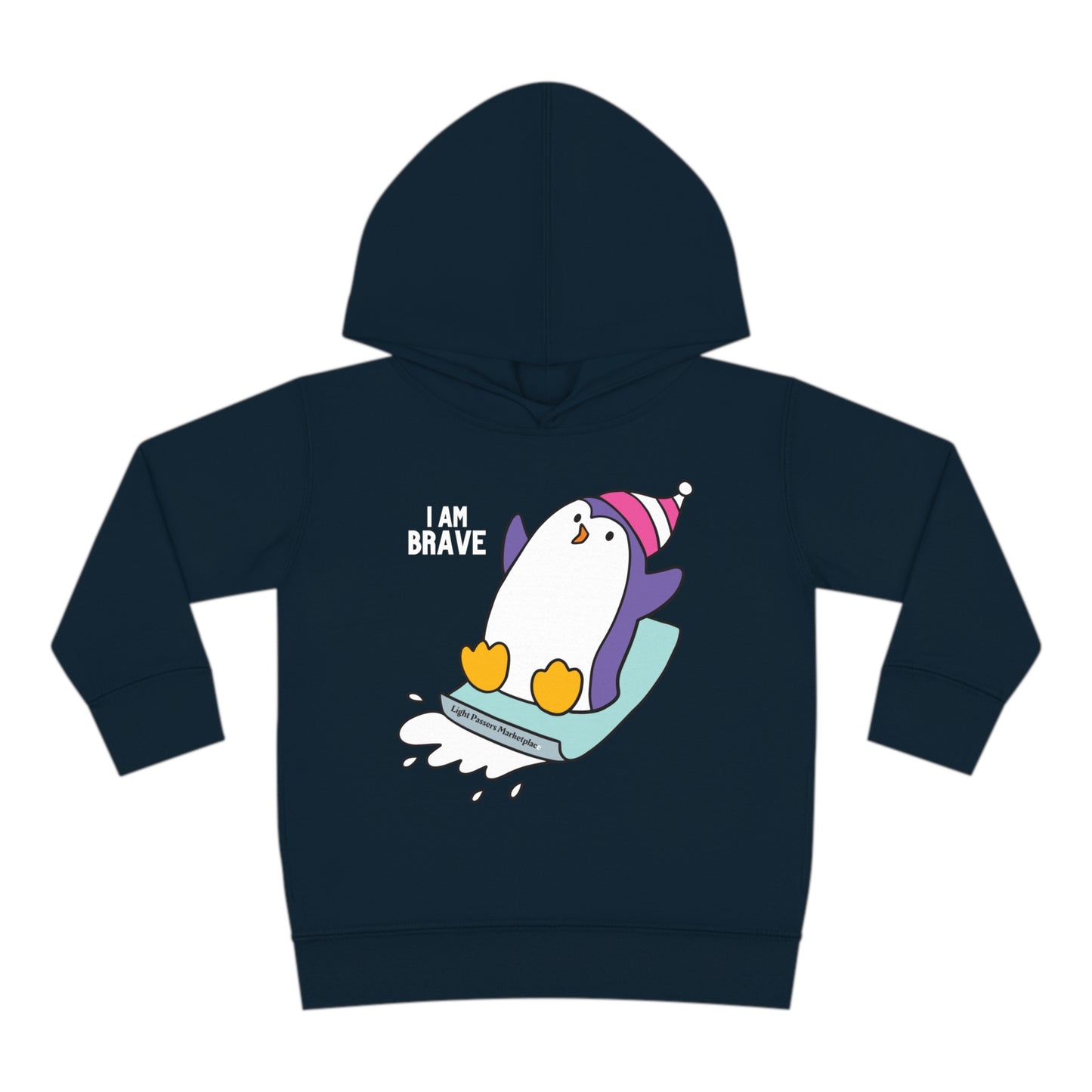 Toddler hoodie featuring a brave penguin design, jersey-lined hood, cover-stitched details, side seam pockets, and durable construction for lasting coziness.