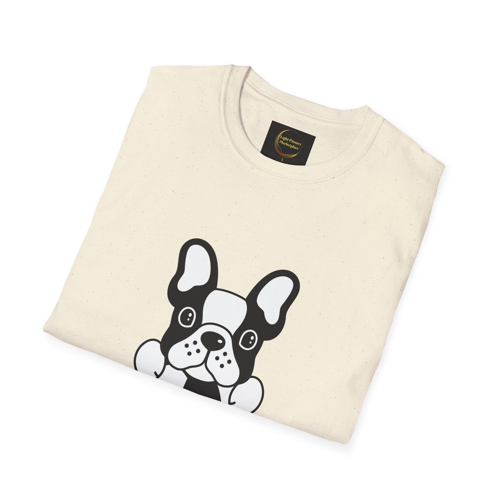Soccer Dog Unisex T-Shirt: Off-white crew-neck featuring a cartoon dog peeking up, crafted from soft, 100% ring-spun cotton for ultimate comfort and durability.