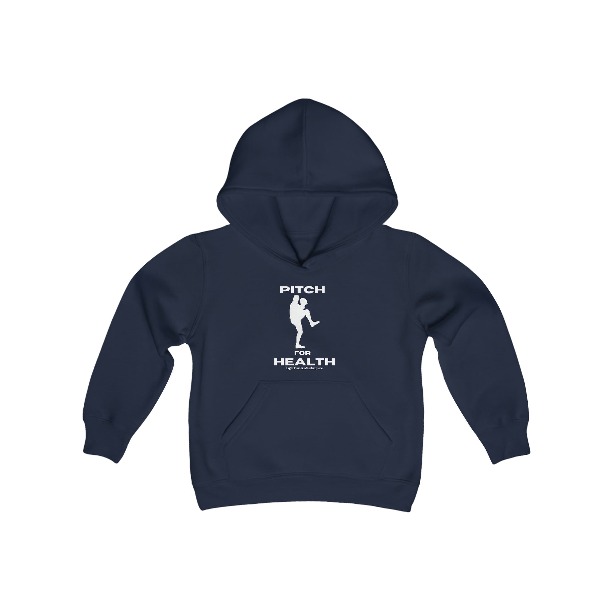 Youth blue hoodie with kangaroo pocket, soft fleece blend (50% cotton, 50% polyester). Reinforced neck, ideal for printing. Comfortable and durable for everyday wear.