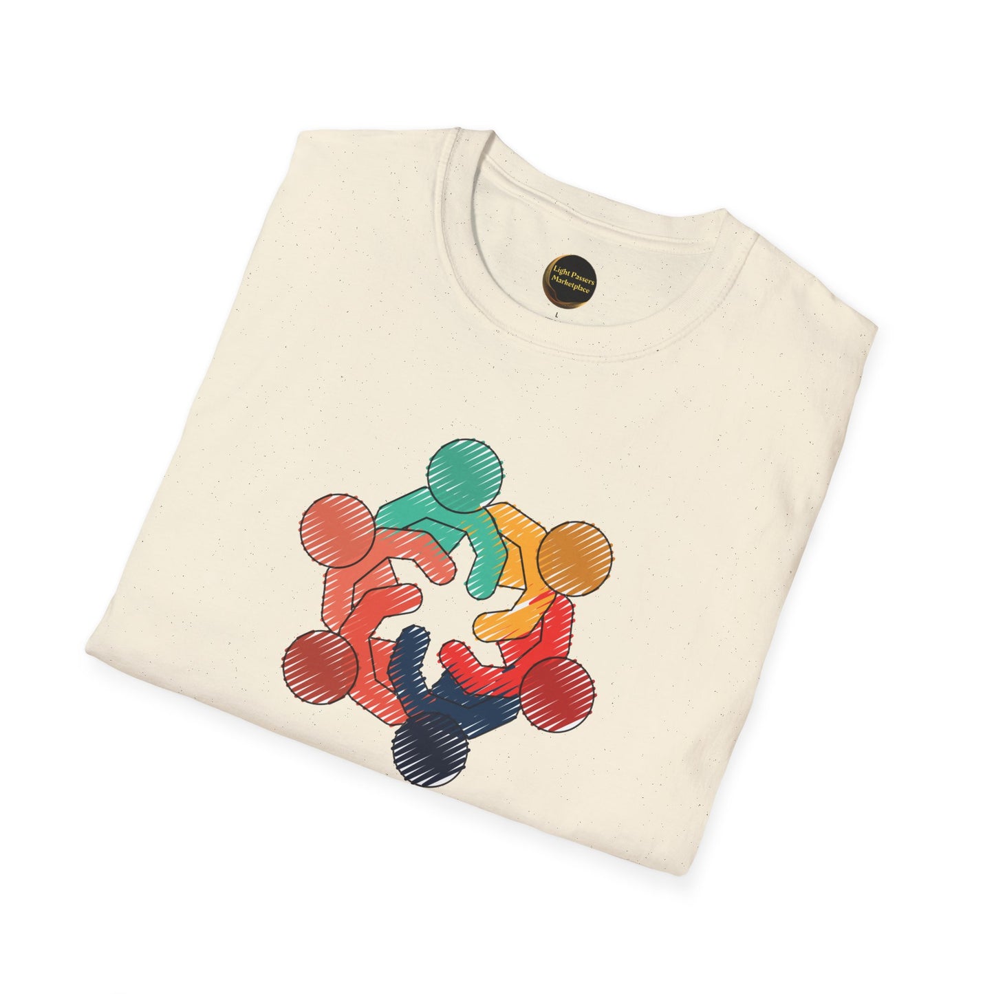 Teams Love and Peace Change Makers Unite Adult Unisex T-Shirt with colorful human figures circle, symbolizing community and unity; ideal for peace rallies and casual wear.