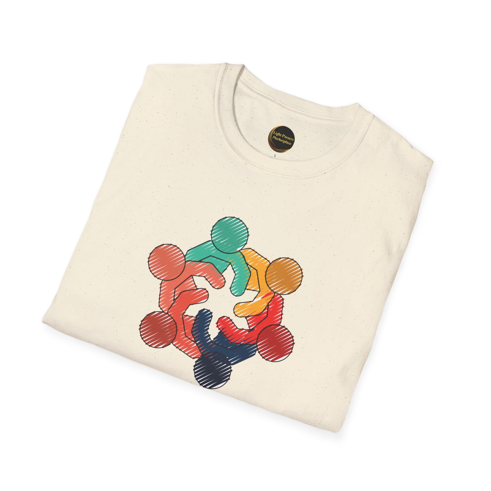 Teams Love and Peace Change Makers Unite Adult Unisex T-Shirt with colorful human figures circle, symbolizing community and unity; ideal for peace rallies and casual wear.