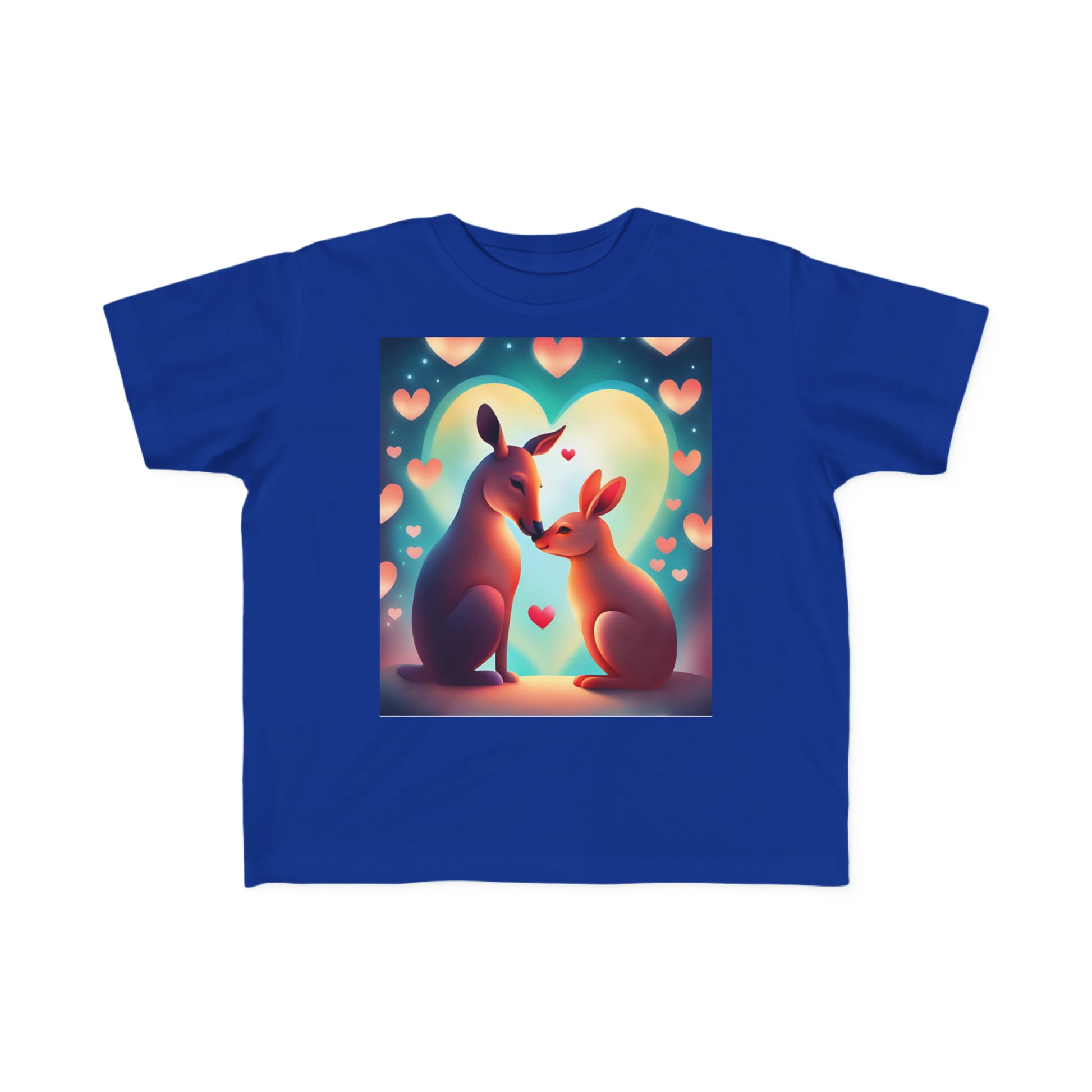 A toddler's tee featuring two kangaroos surrounded by hearts, ideal for sensitive skin. Made of 100% combed cotton, light fabric, durable print, tear-away label, and a classic fit.