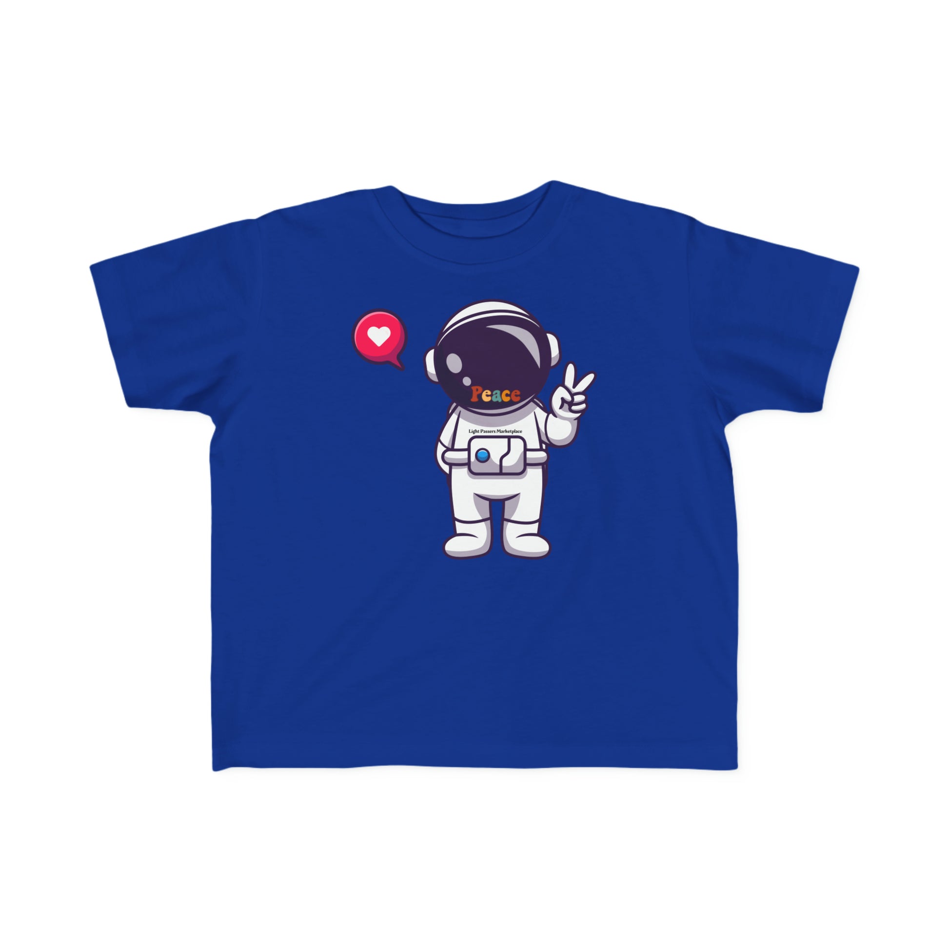 A toddler's blue tee featuring a cartoon astronaut making a peace sign. Soft 100% combed cotton, durable print, tear-away label, and a classic fit. Ideal for sensitive skin.