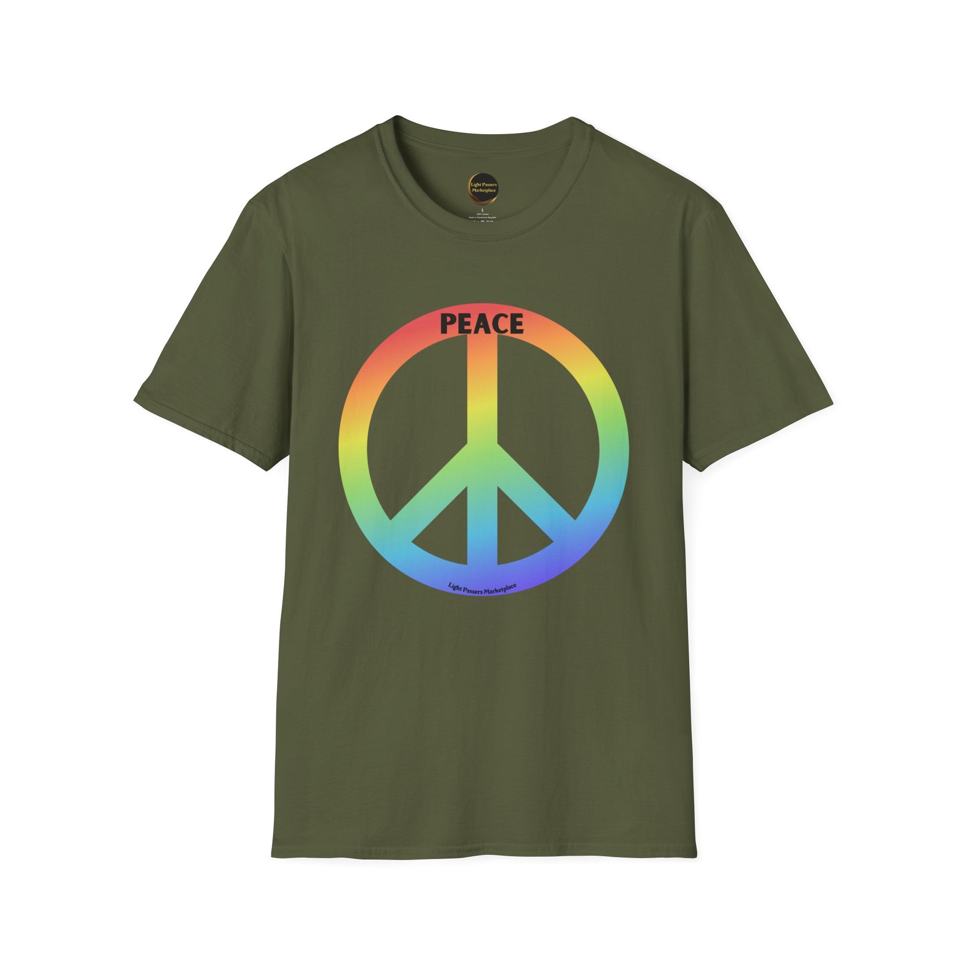 A green unisex T-shirt featuring a peace sign logo, made of soft 100% ring-spun cotton. Classic fit with a crew neckline, ethically sourced and tear-away label for comfort.