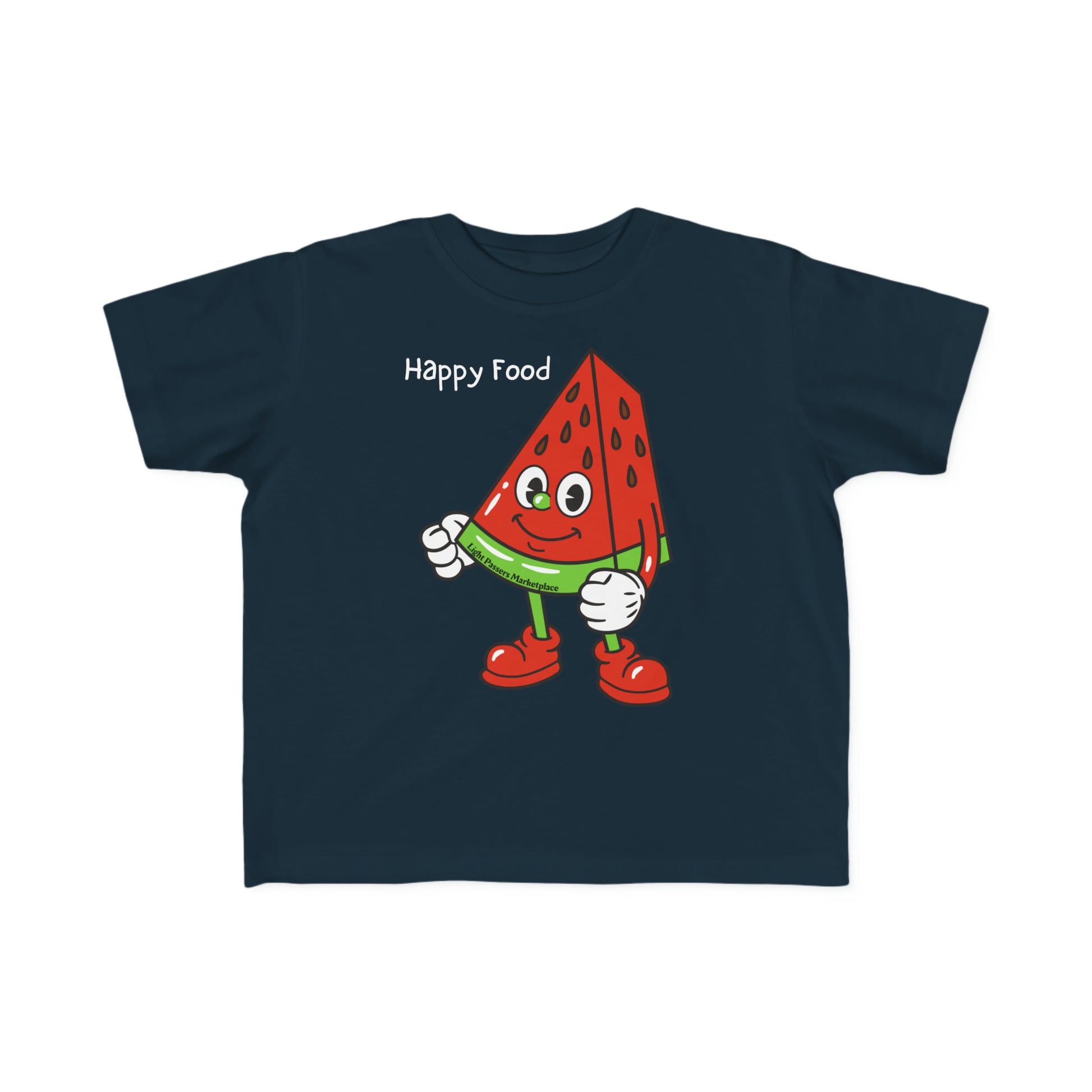 A Happy Food Watermelon Toddler T-shirt featuring a cartoon watermelon character on light fabric. Made of 100% combed cotton, with a durable print, perfect for sensitive skin.