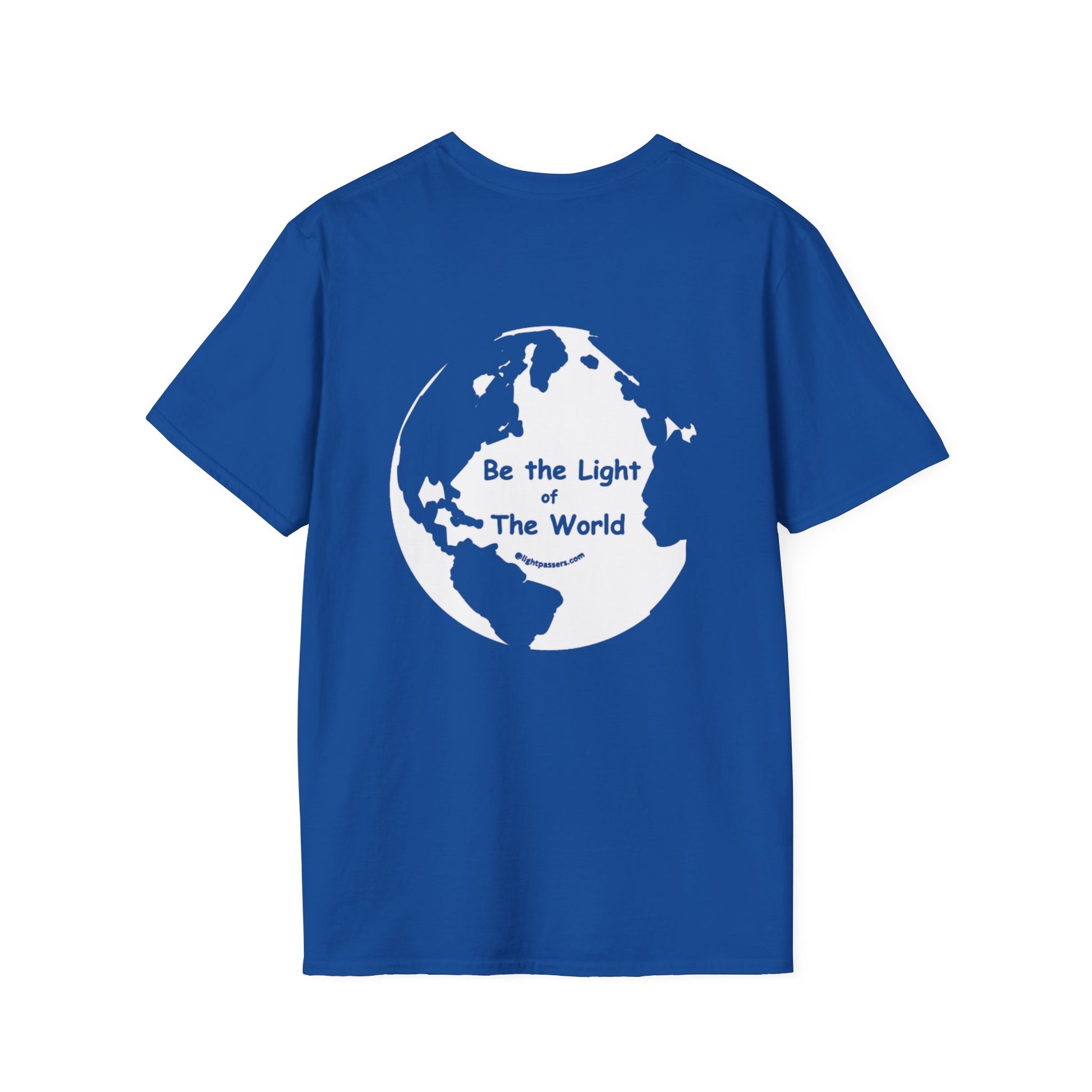 Unisex cotton tee with a white globe design and text, featuring a smooth surface for vivid printing. No side seams for comfort, tape on shoulders for durability. Be The Light of the World T-shirt Back.