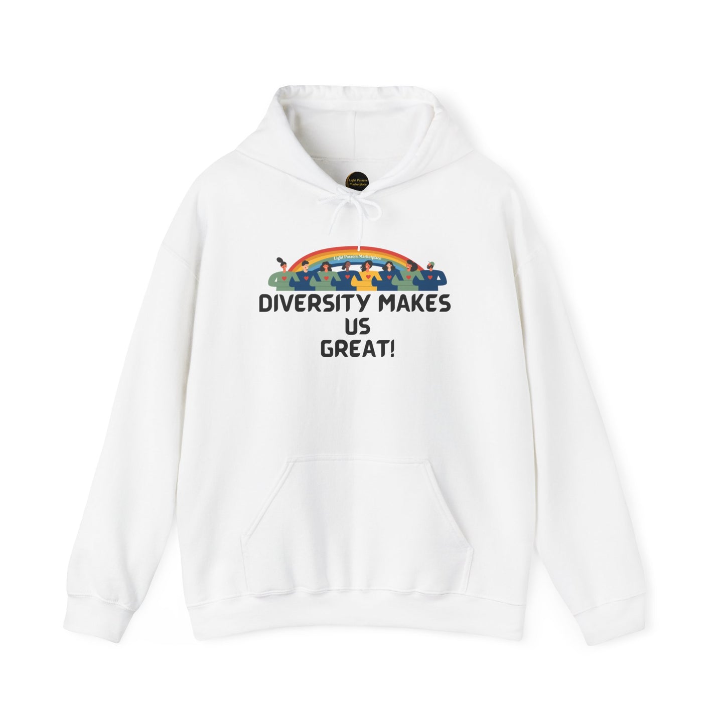 A white unisex hooded sweatshirt with a logo, kangaroo pocket, and color-matched drawstring. Made of 50% cotton and 50% polyester for warmth and comfort.