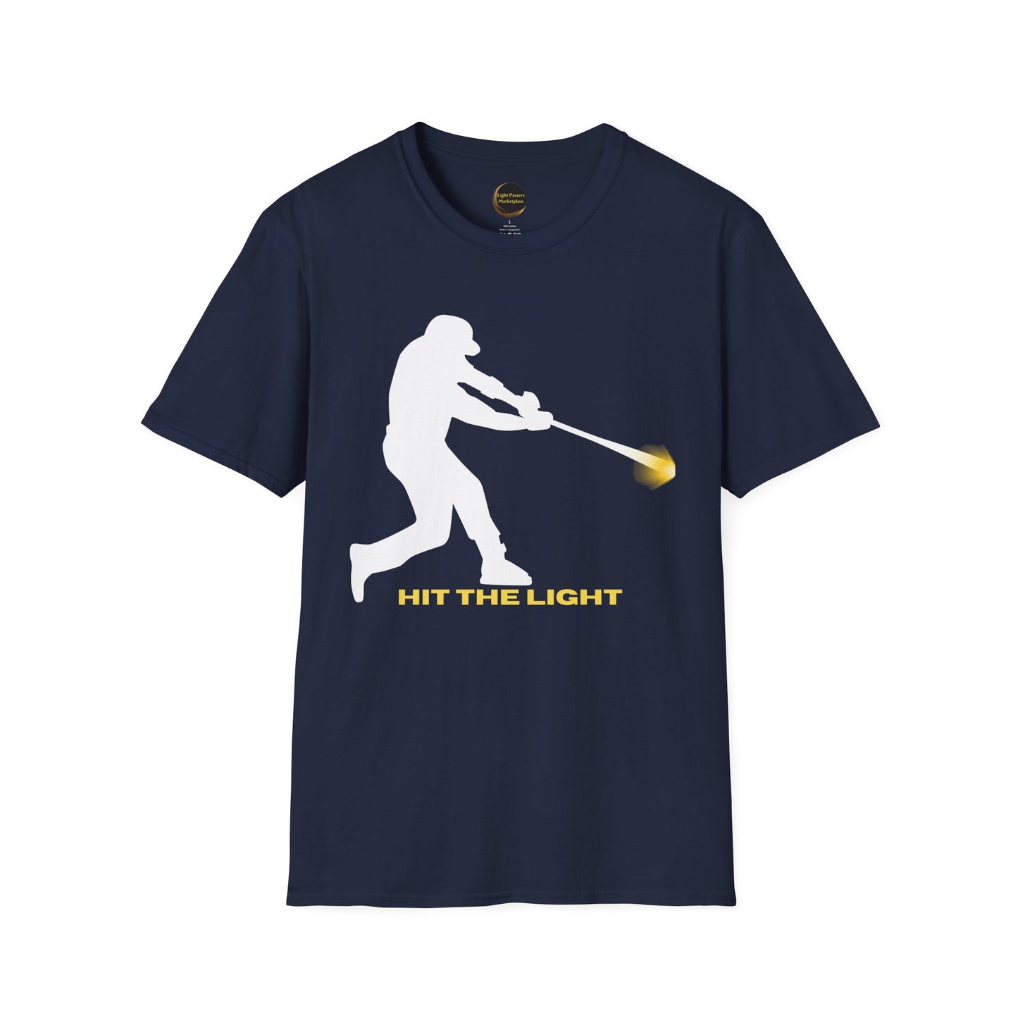 Baseball Batter Silhouette Adult Unisex T‑Shirt — "Hit the Light" white or black images