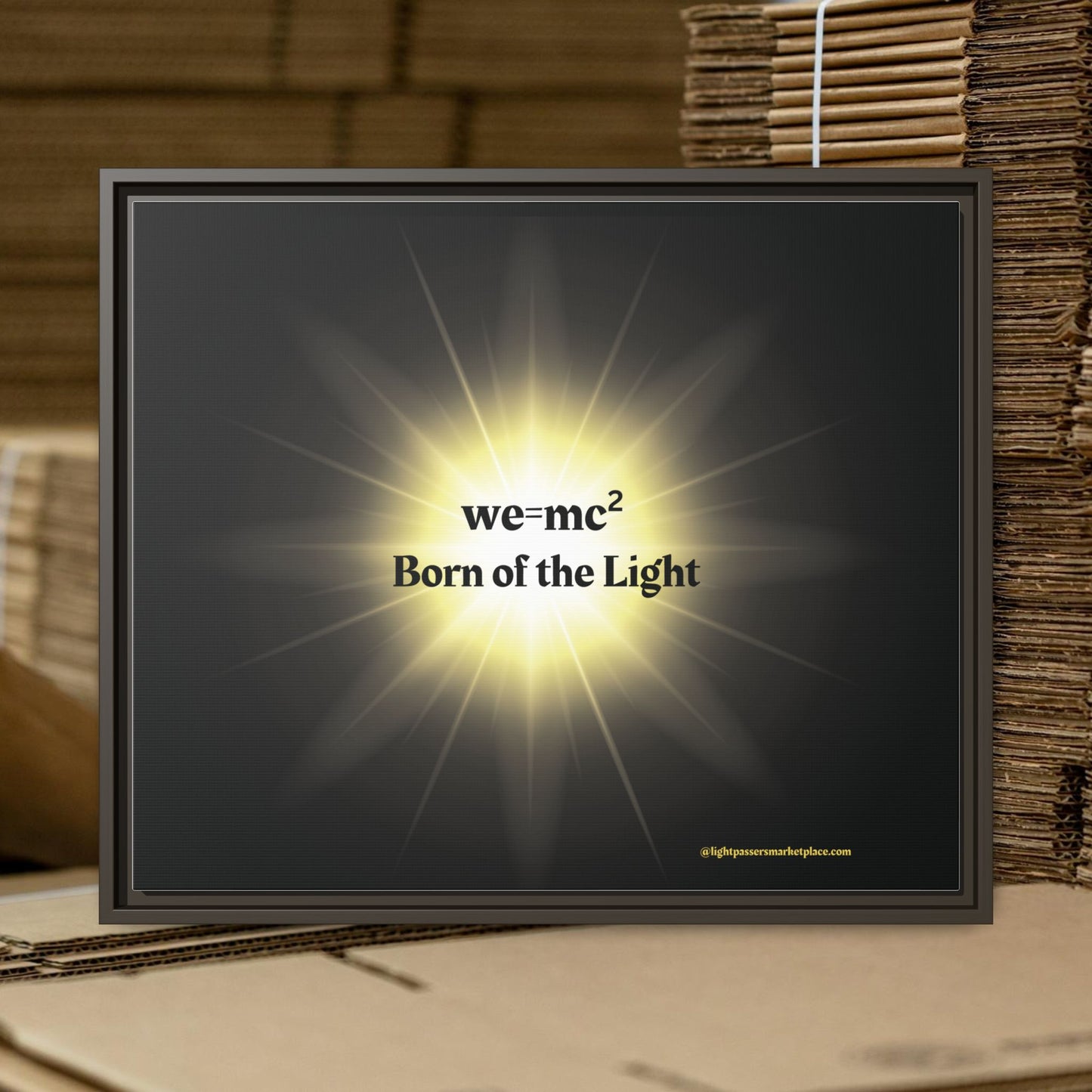 Inspirational Framed Canvas Art - we=mc² Born of the Light, displayed on a computer screen, showcasing vibrant colors and motivational design for home or office.