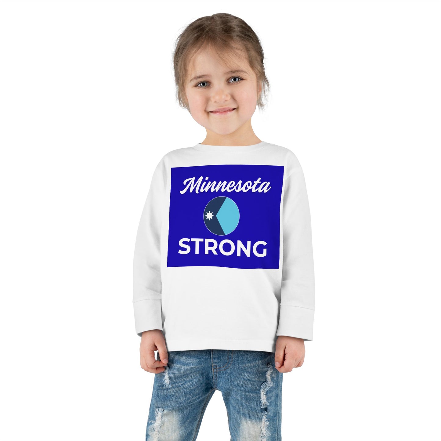Toddler in a Minnesota Strong long-sleeve tee, showcasing community pride with a circular emblem and bold lettering, ideal for active, comfortable wear.