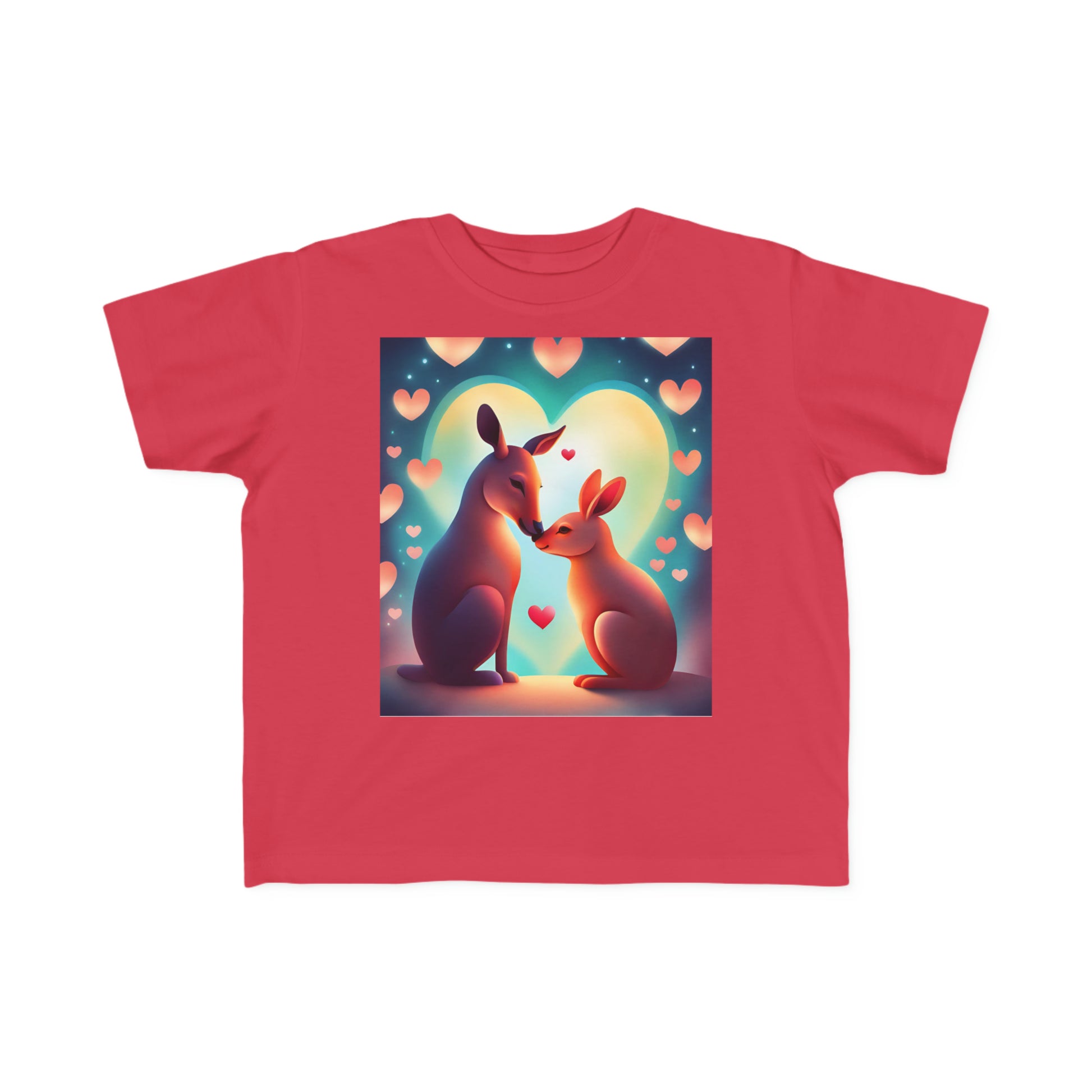 A red toddler's tee featuring two kangaroos kissing, embodying love and tenderness. Made of 100% soft combed cotton, with durable print and tear-away label. Ideal for sensitive skin.