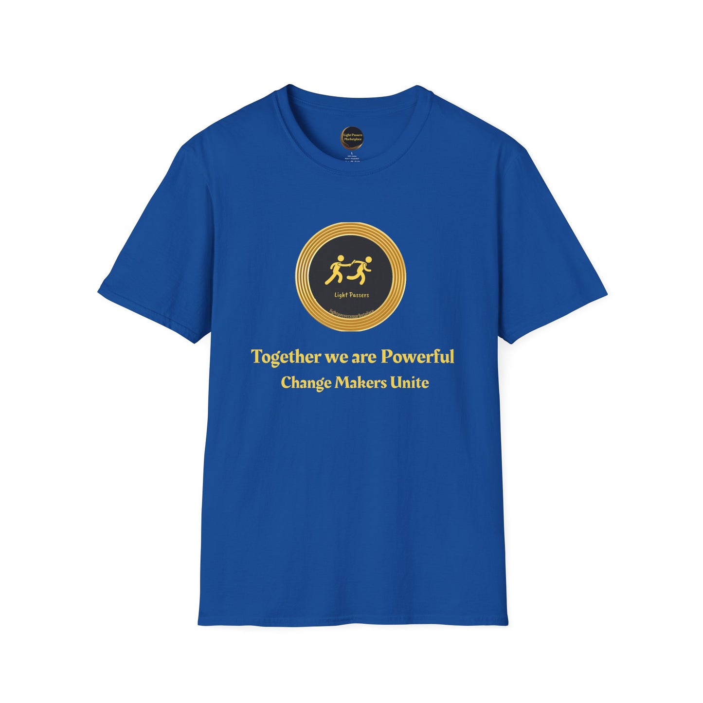 Empowerment Tee -Change Makers Unite features a gold-ringed logo with figures and orb, plus unity messages on a royal-blue short-sleeve T-shirt.