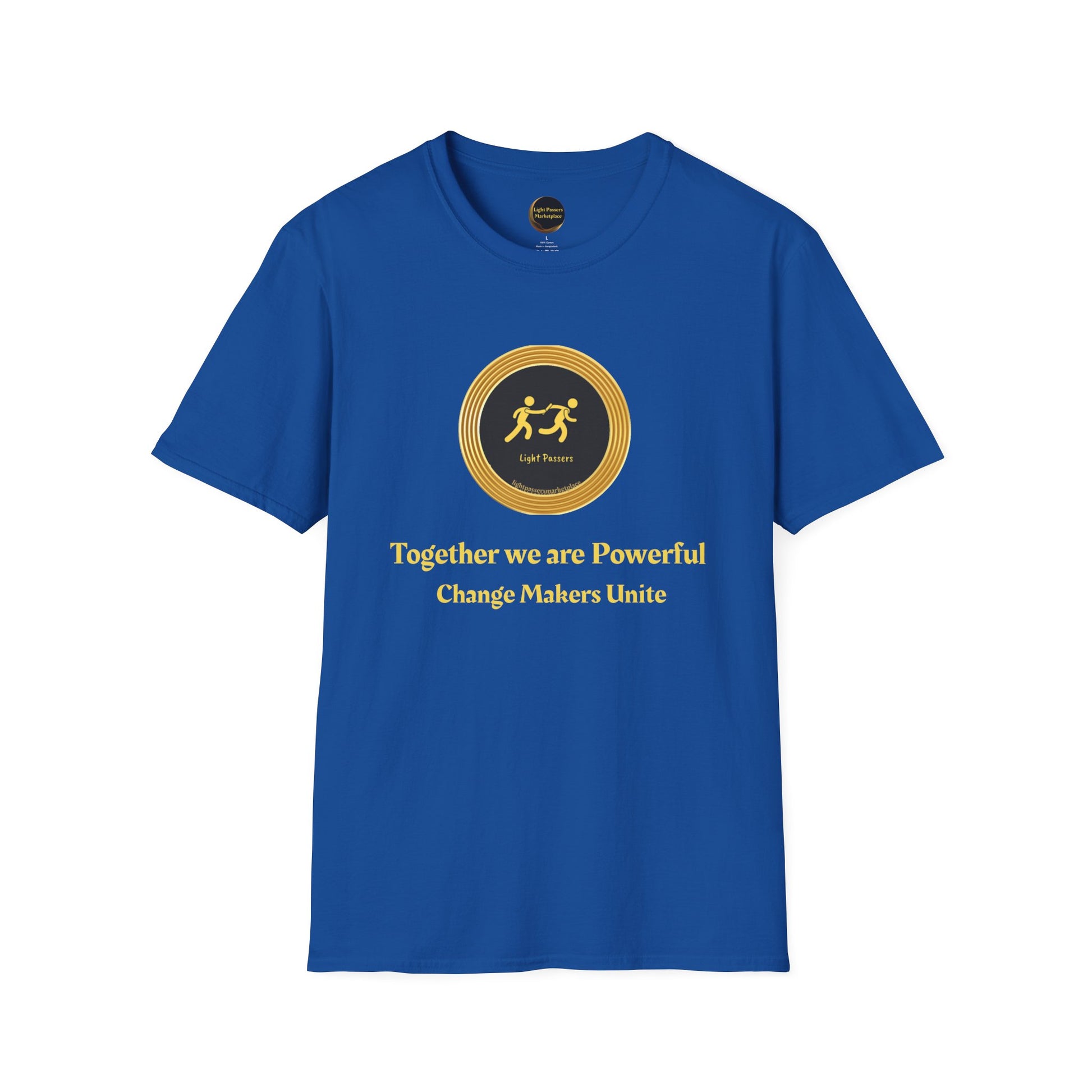 Empowerment Tee -Change Makers Unite features a gold-ringed logo with figures and orb, plus unity messages on a royal-blue short-sleeve T-shirt.