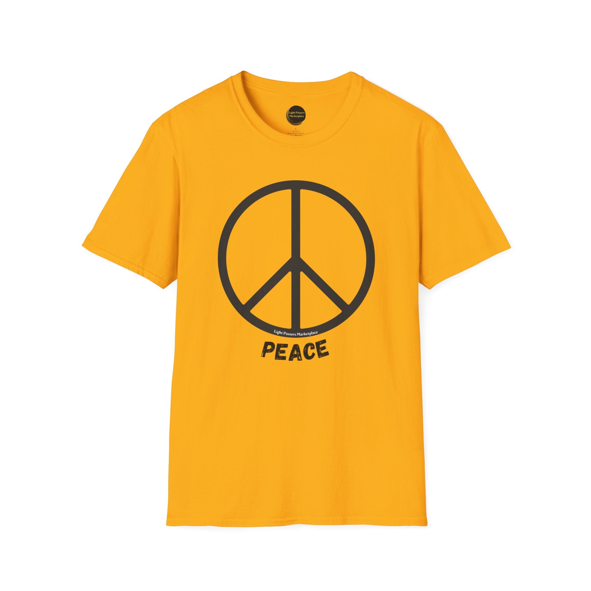 A soft 100% cotton unisex t-shirt featuring a peace sign design. Lightweight fabric, twill tape shoulders, no side seams, ribbed collar. Ethically made with US cotton.