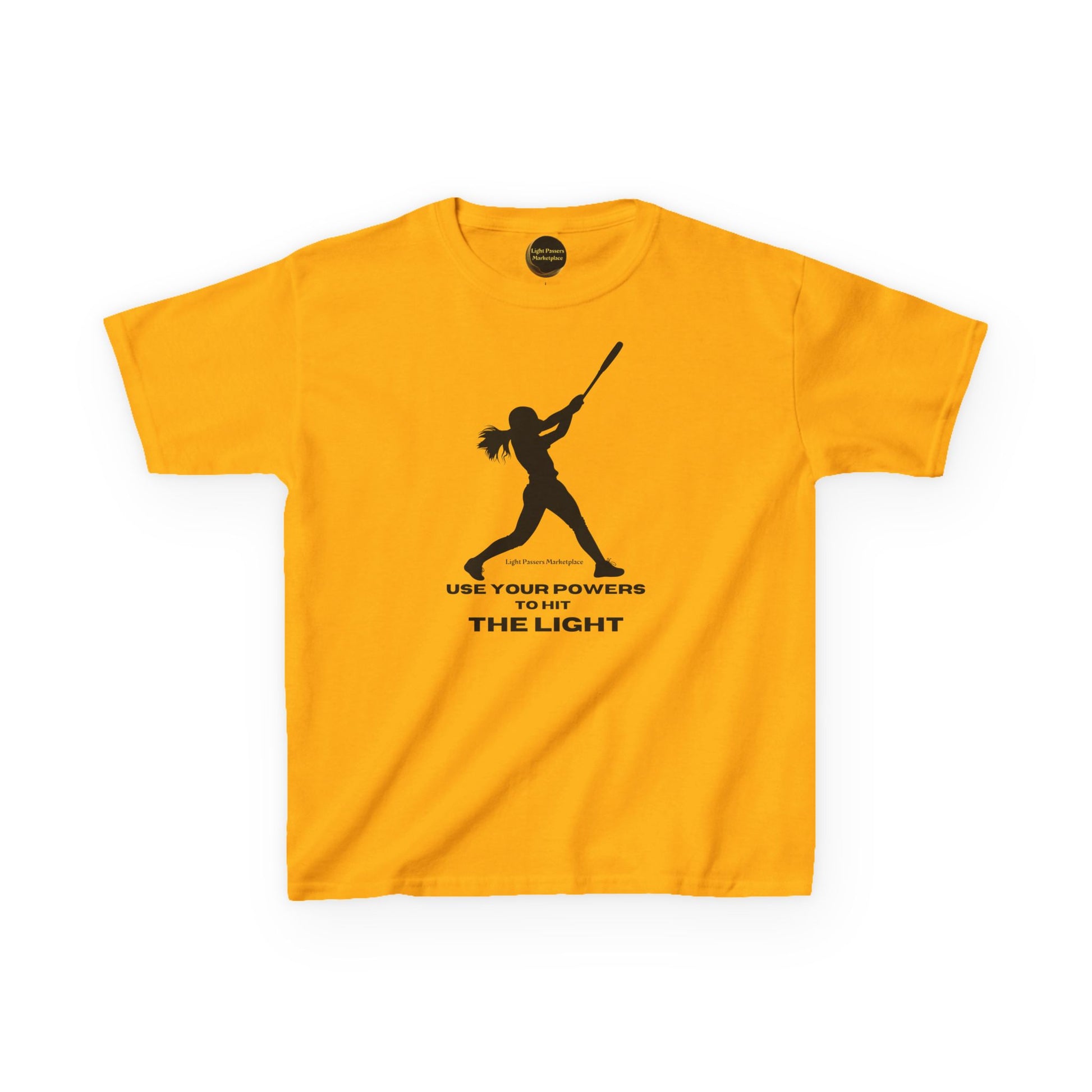 Golden-yellow youth T-shirt featuring a ponytailed batter silhouette with the slogan USE YOUR POWERS TO HIT THE LIGHT, from Light Passers Marketplace.