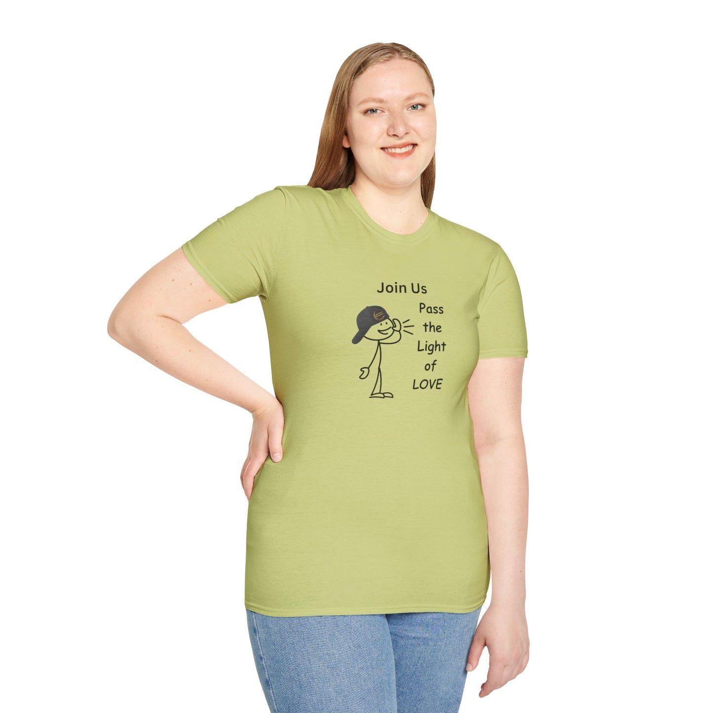 A woman in a green shirt smiles, posing in a casual unisex heavy cotton tee. No side seams, smooth surface for vivid printing, and tape on shoulders for durability.