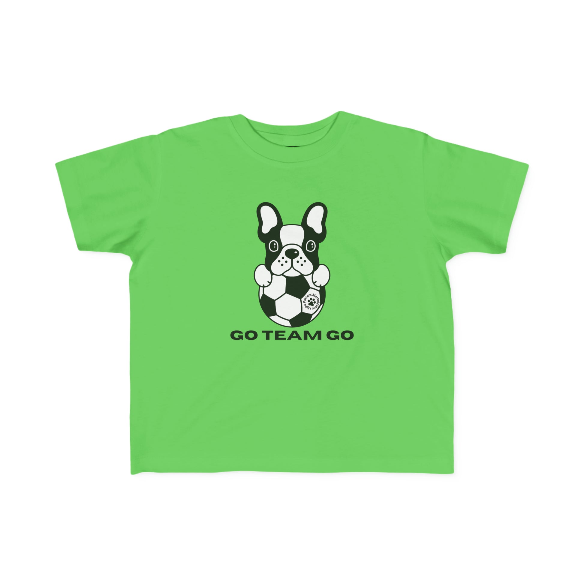 A toddler's Soccer Dog Go Team Go T-shirt featuring a black and white dog with a football. Soft, 100% cotton, durable print, tear-away label, classic fit, 4.5 oz/yd² fabric.