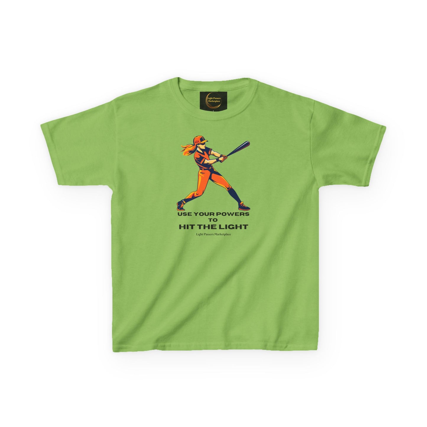 Teams Girl Hit the Light Color Image Youth T-shirt featuring a dynamic baseball player illustration with the slogan “USE YOUR POWERS TO HIT THE LIGHT.”