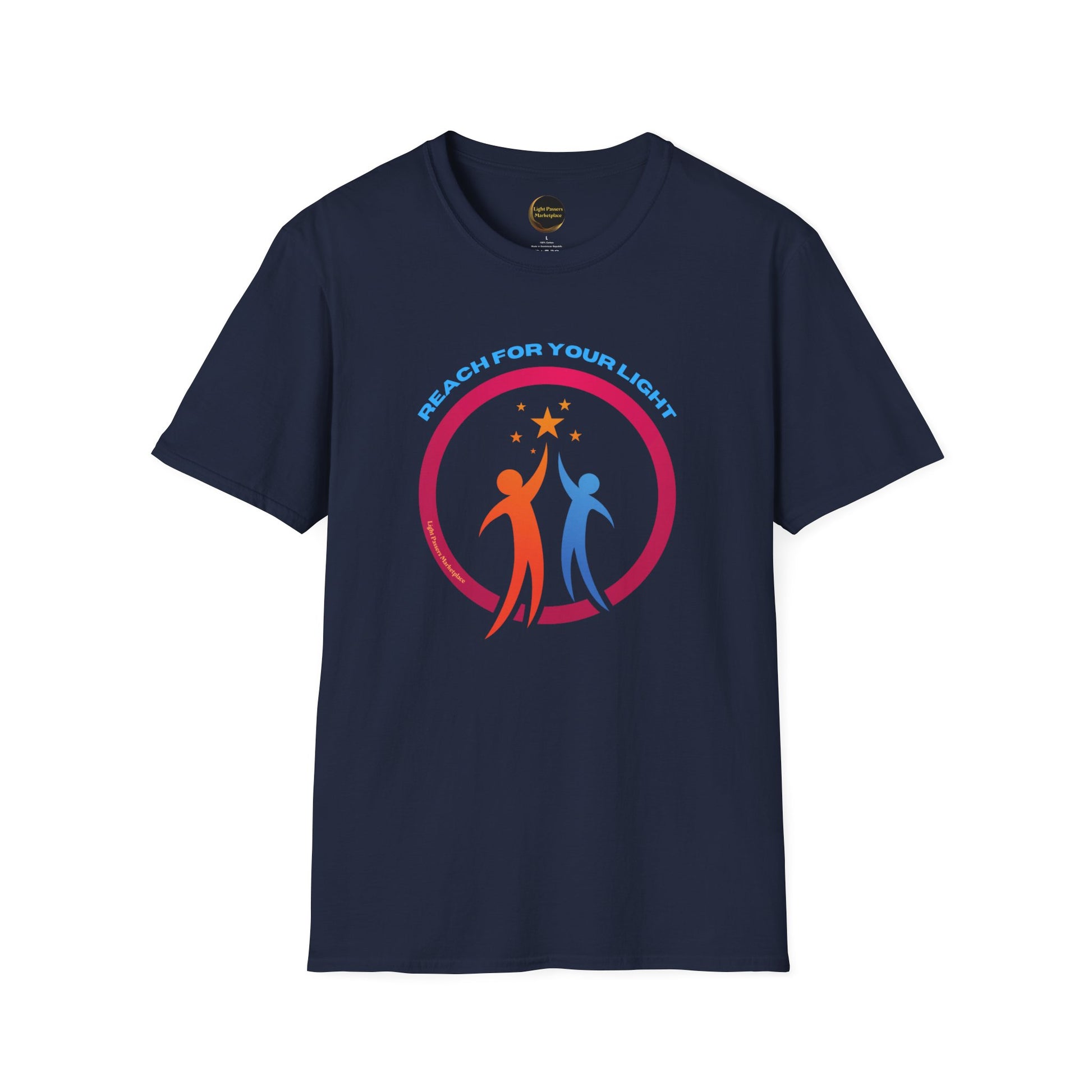 A blue unisex t-shirt featuring a logo of people reaching for a star, made from soft 100% ring-spun cotton. This lightweight tee with a crew neckline offers versatile style and durability. Ethically sourced and Oeko-Tex certified.